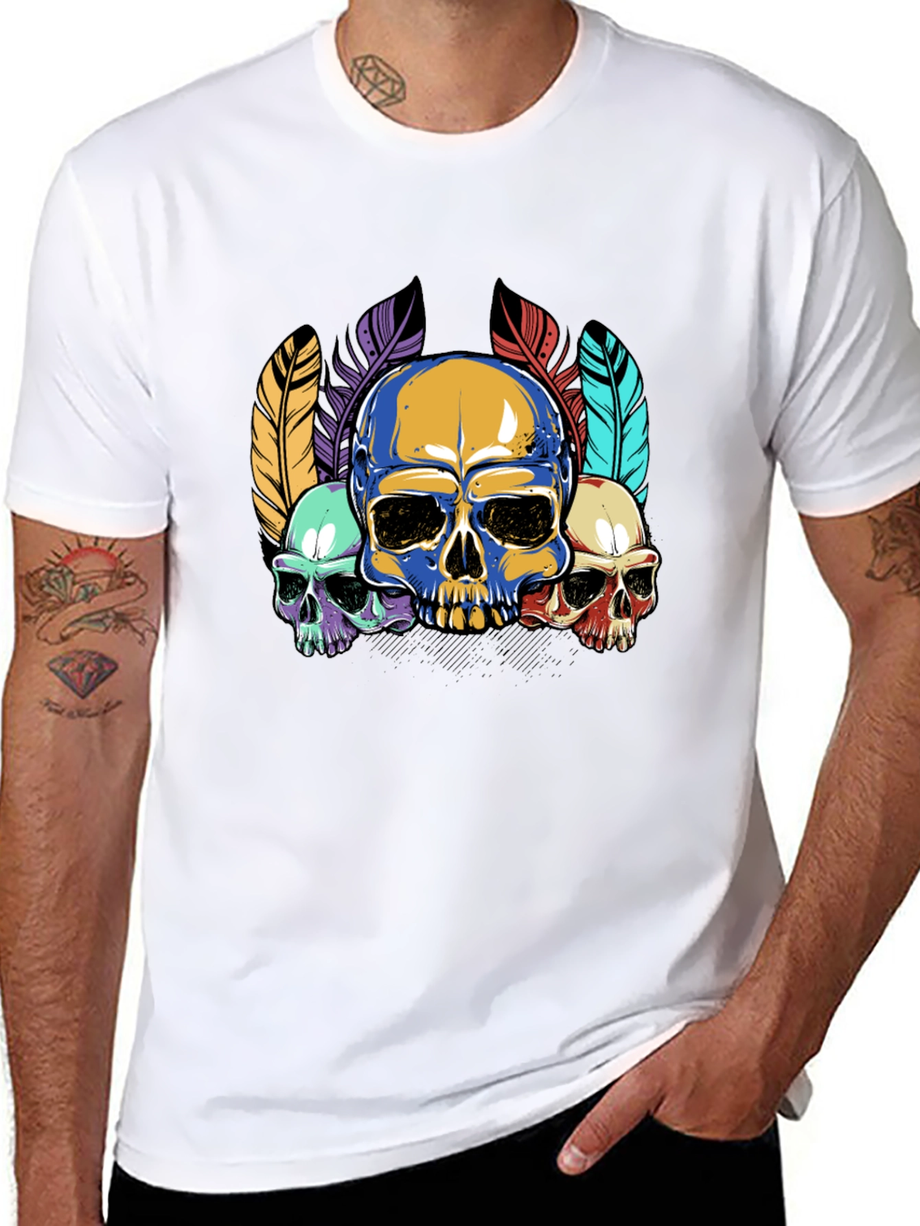 Skull Feather Graphic Print Mens Black T-Shirt