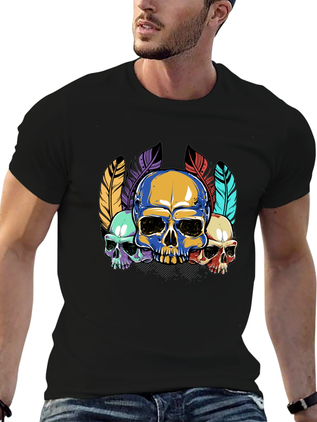 Skull Feather Graphic Print Mens Black T-Shirt