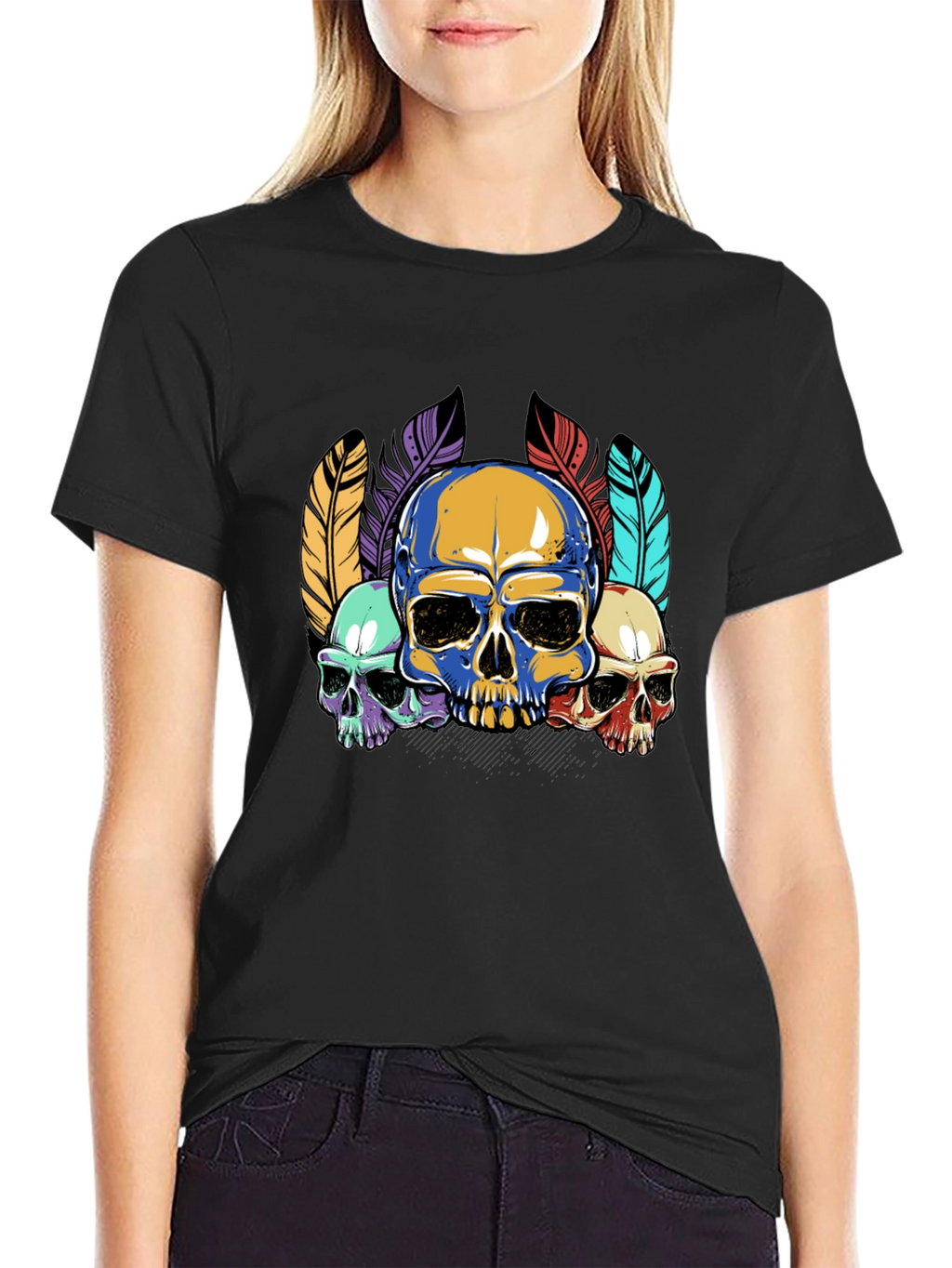 Skull Feather Graphic Print Mens Black T-Shirt