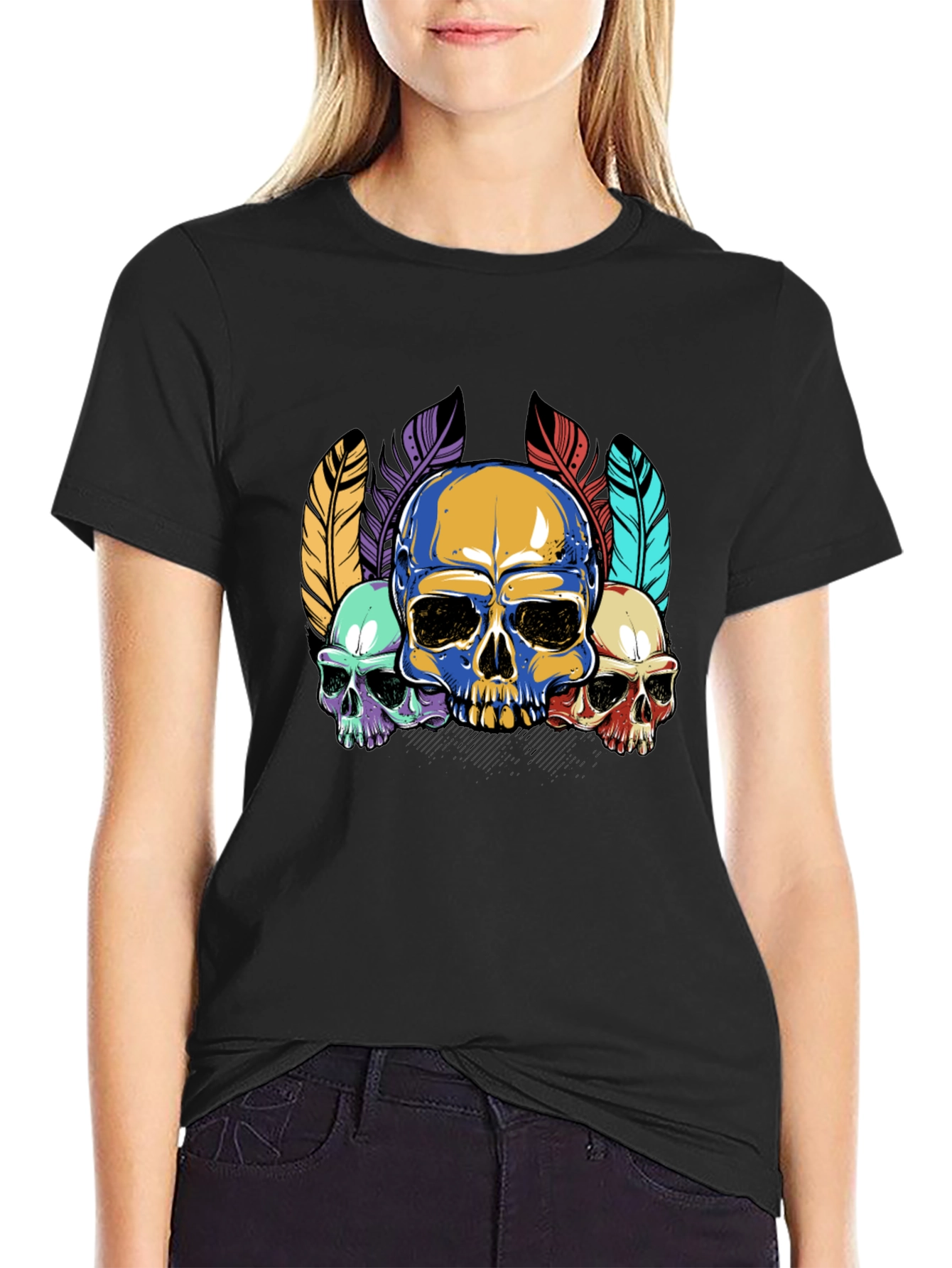 Skull Feather Graphic Print Mens Black T-Shirt