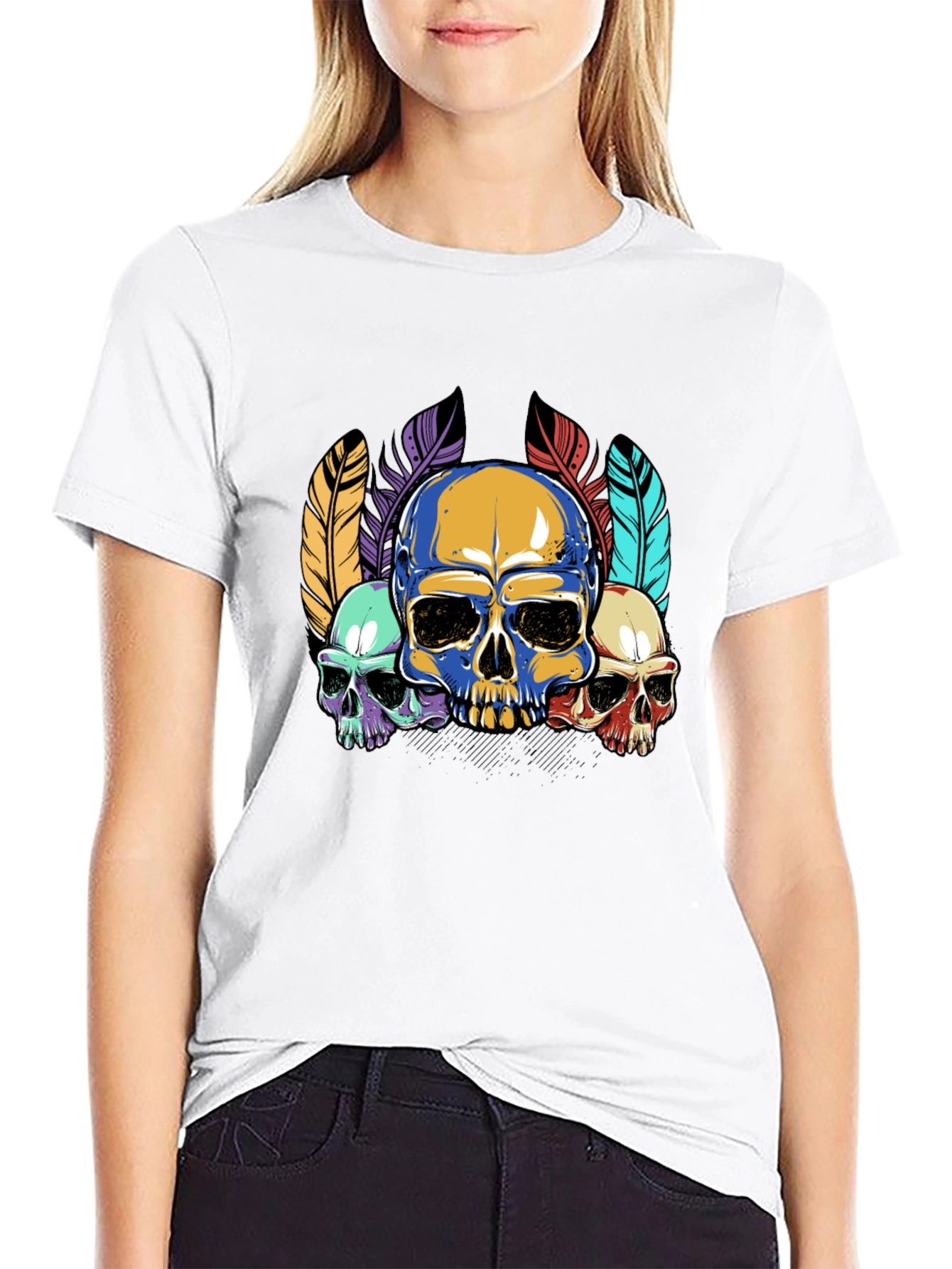 Skull Feather Graphic Print Mens Black T-Shirt