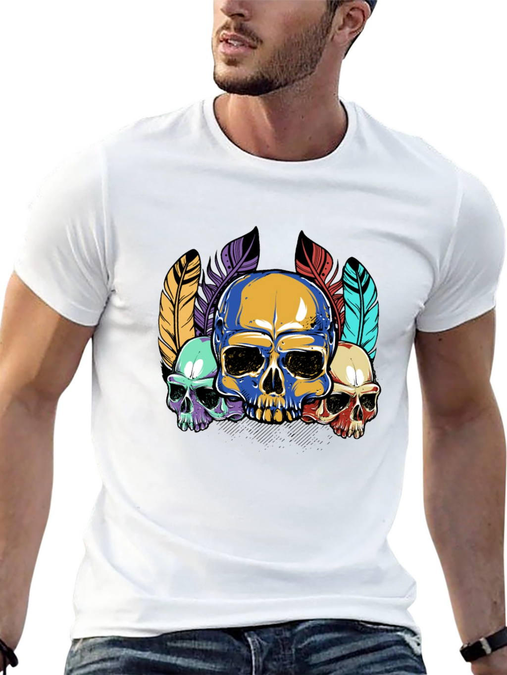 Skull Feather Graphic Print Mens Black T-Shirt