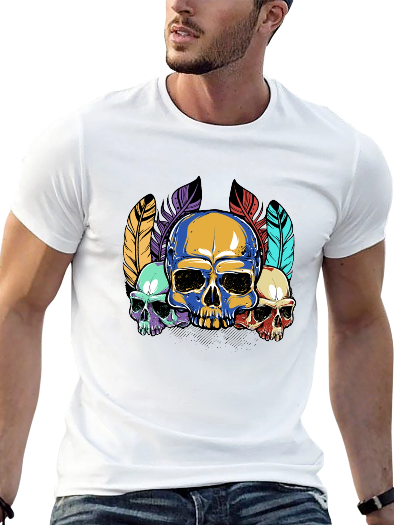 Skull Feather Graphic Print Mens Black T-Shirt