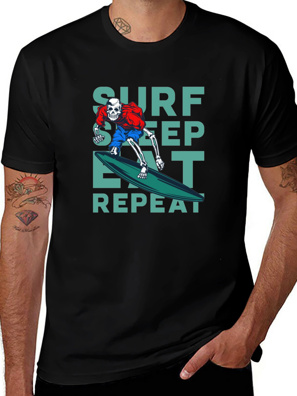 Surf Sleep Eat Repeat Black Graphic T-Shirt