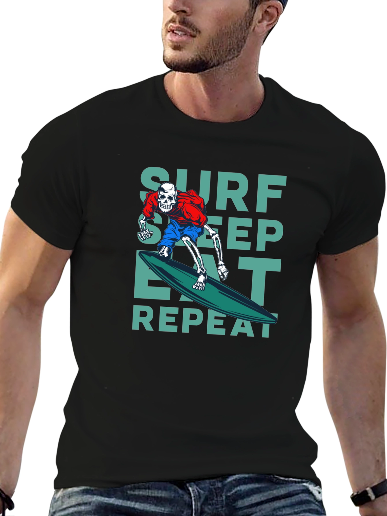 Surf Sleep Eat Repeat Black Graphic T-Shirt