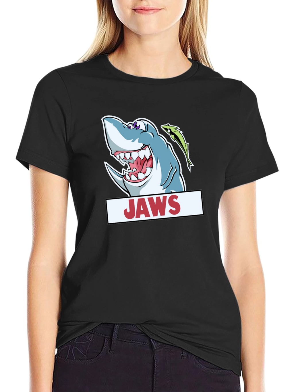 Jaws Cartoon Shark Black T-Shirt