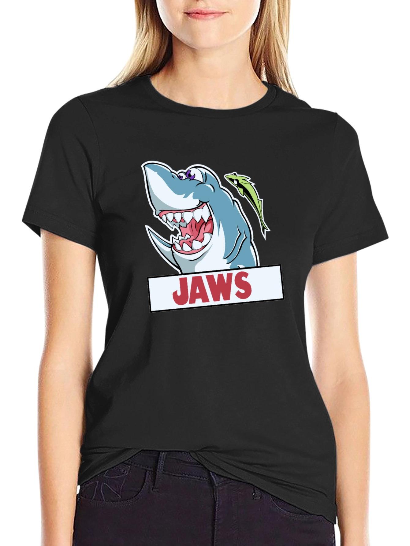Jaws Cartoon Shark Black T-Shirt
