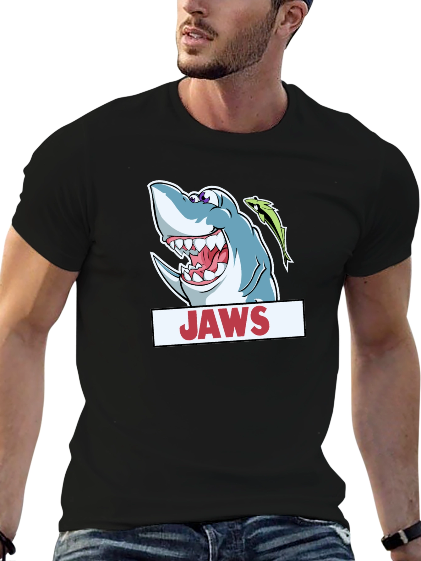Jaws Cartoon Shark Black T-Shirt
