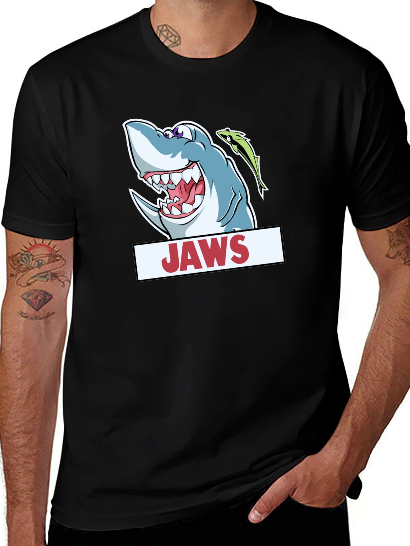 Jaws Cartoon Shark Black T-Shirt