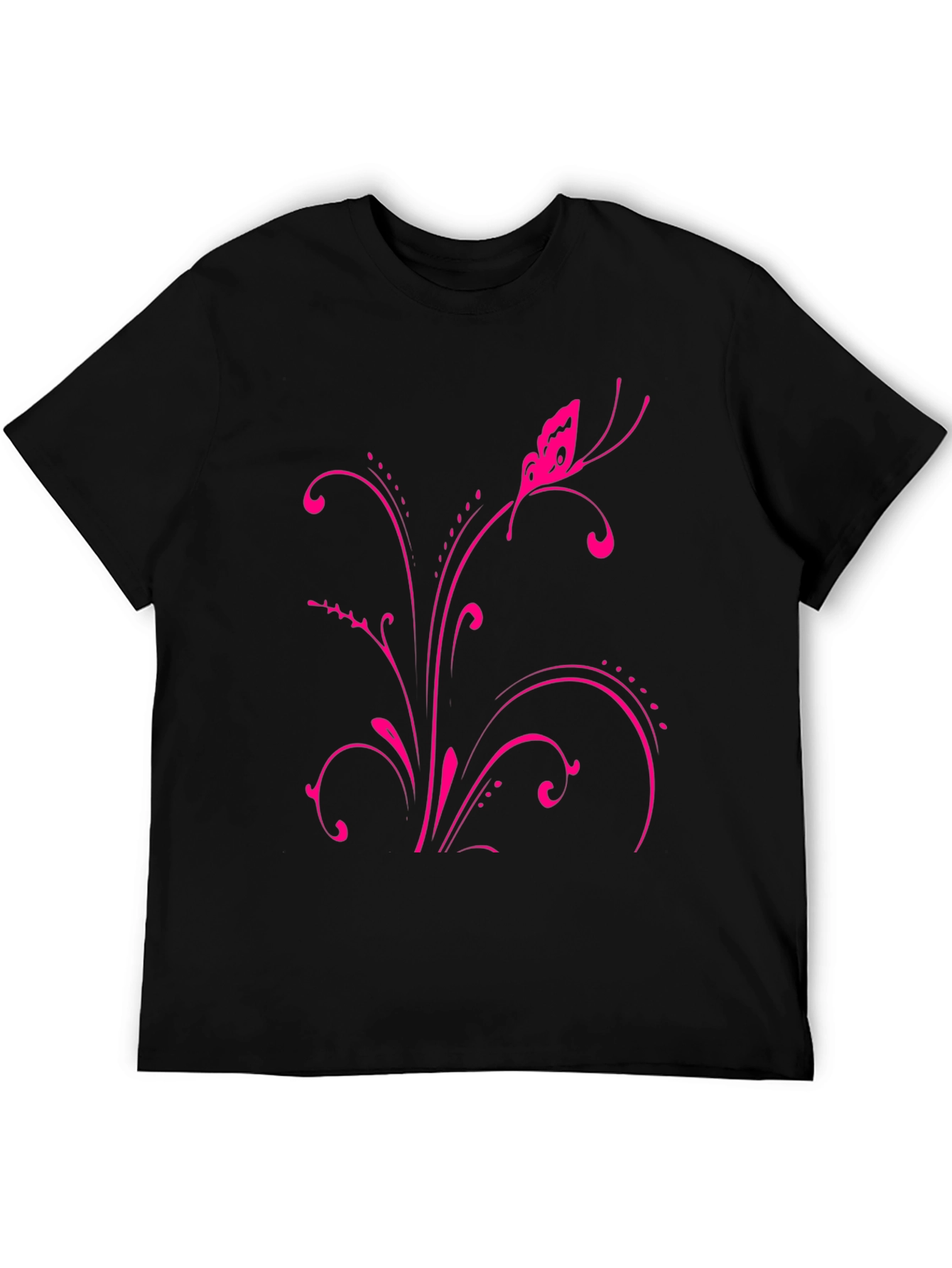 Pink Butterfly Floral Black T-Shirt