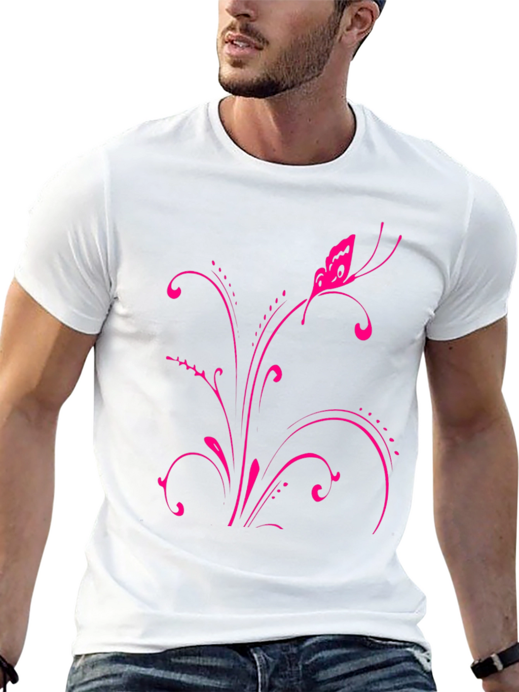 Pink Butterfly Floral Black T-Shirt
