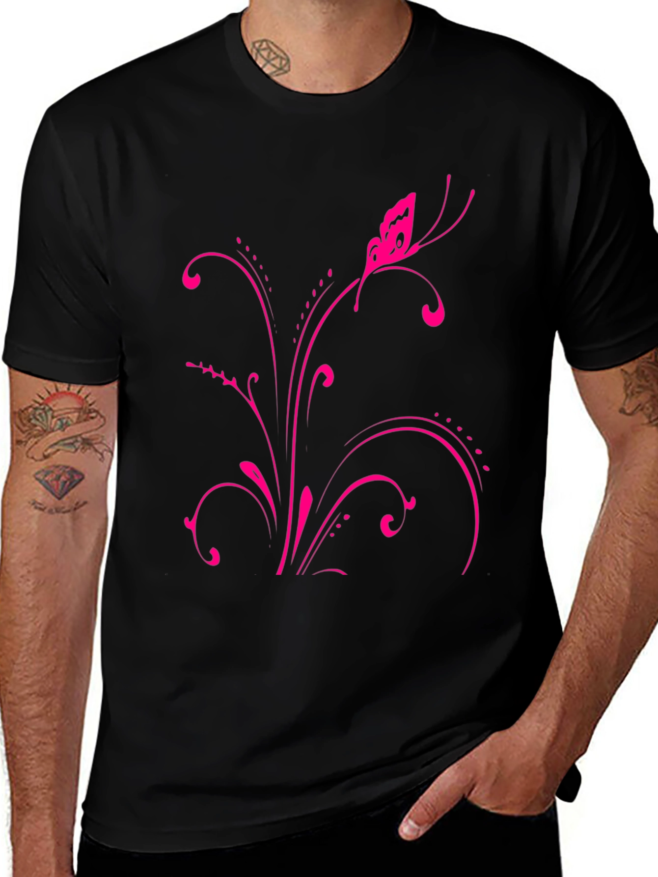 Pink Butterfly Floral Black T-Shirt