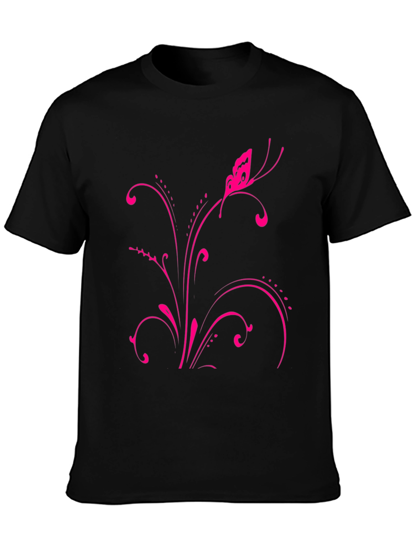 Pink Butterfly Floral Black T-Shirt