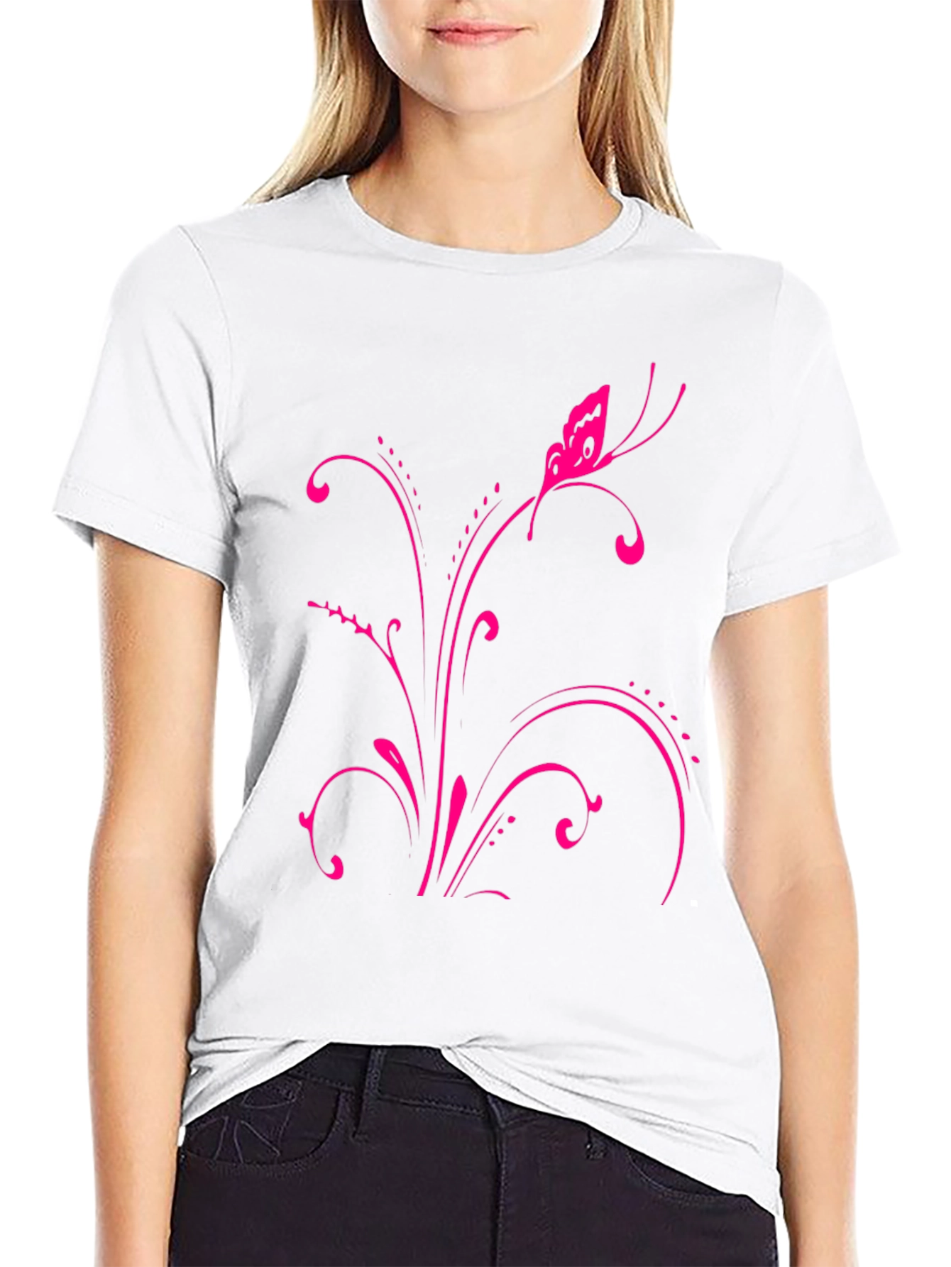 Pink Butterfly Floral Black T-Shirt