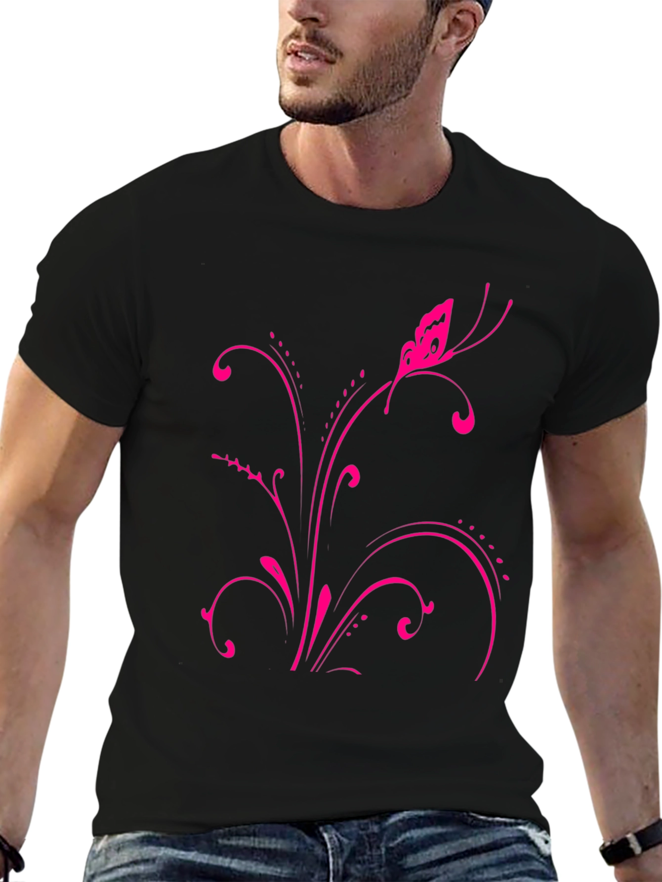 Pink Butterfly Floral Black T-Shirt