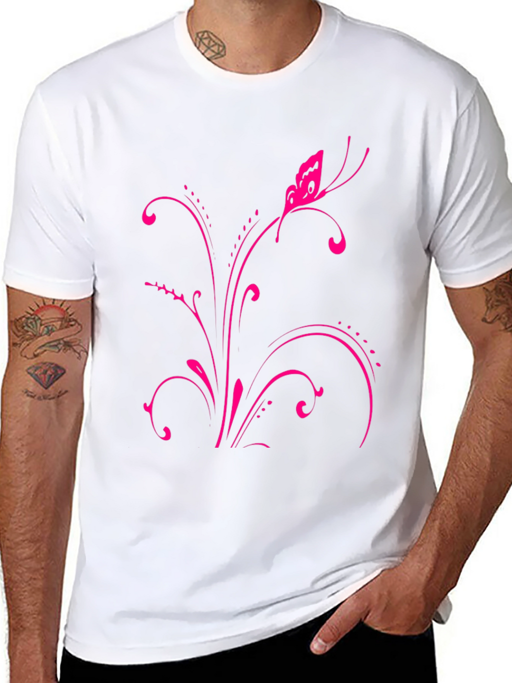 Pink Butterfly Floral Black T-Shirt