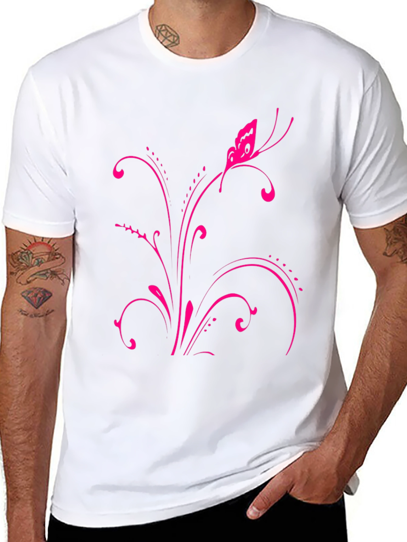 Pink Butterfly Floral Black T-Shirt