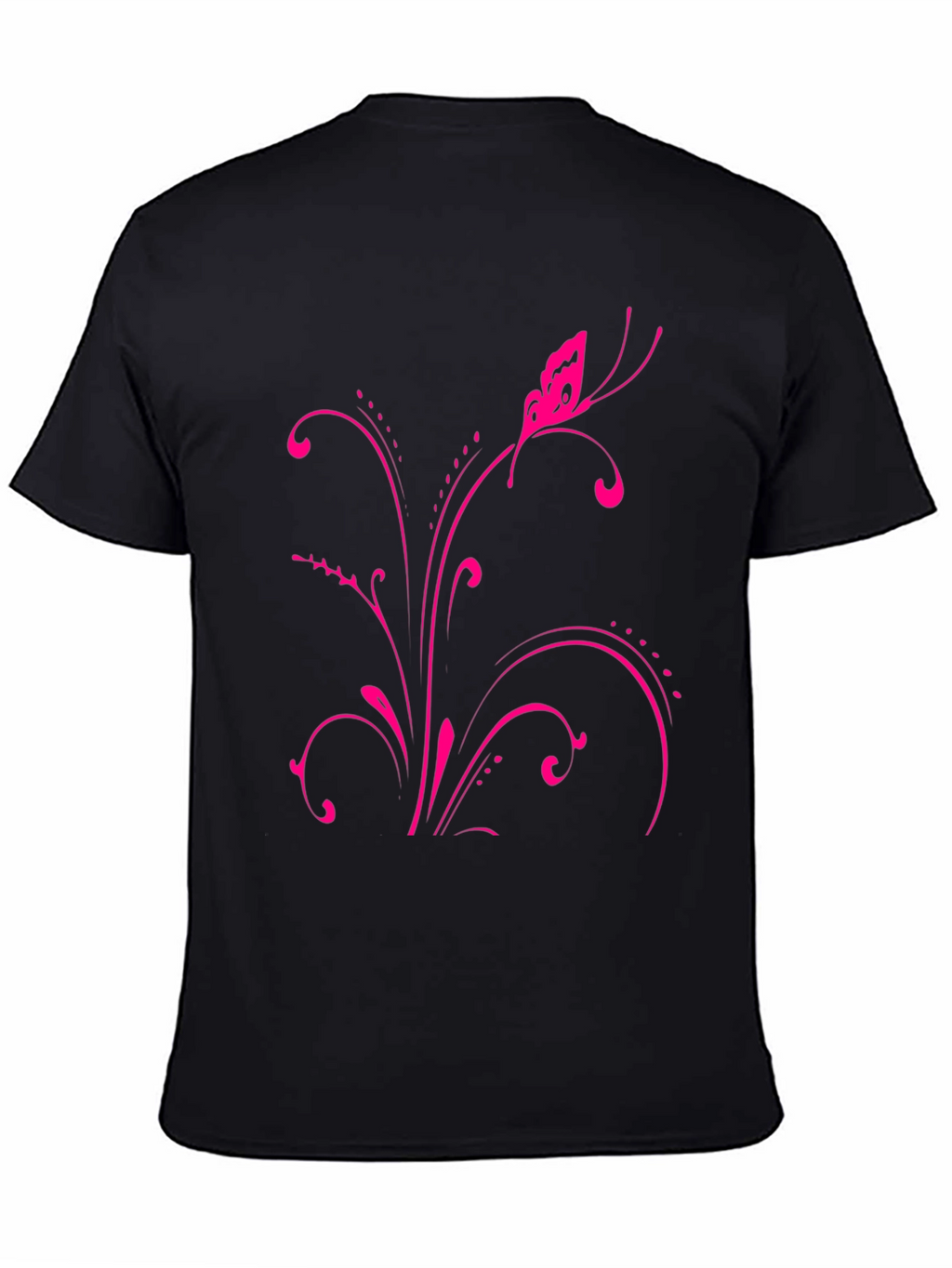 Pink Butterfly Floral Black T-Shirt