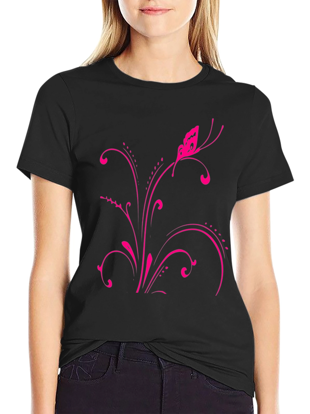 Pink Butterfly Floral Black T-Shirt
