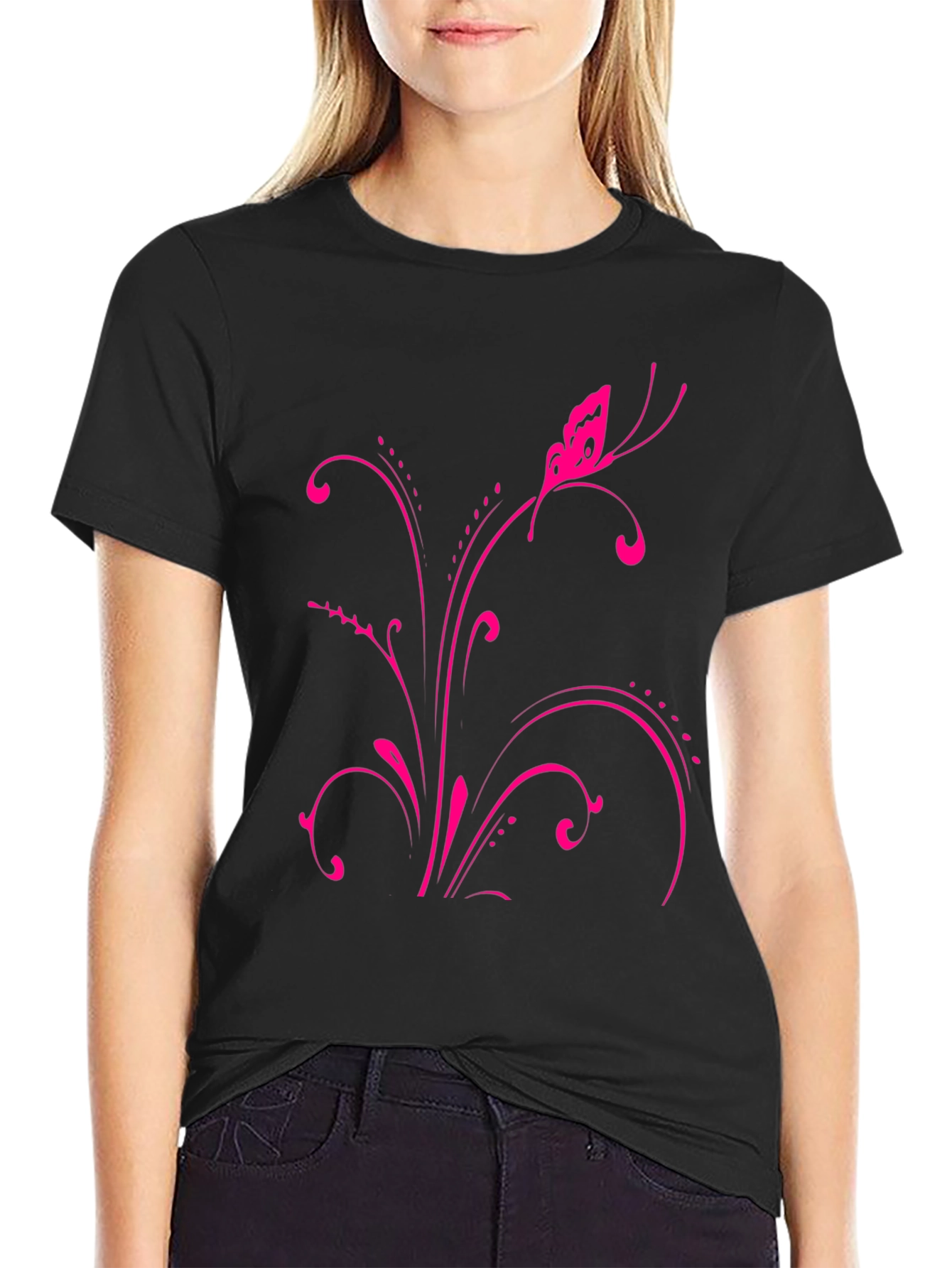 Pink Butterfly Floral Black T-Shirt