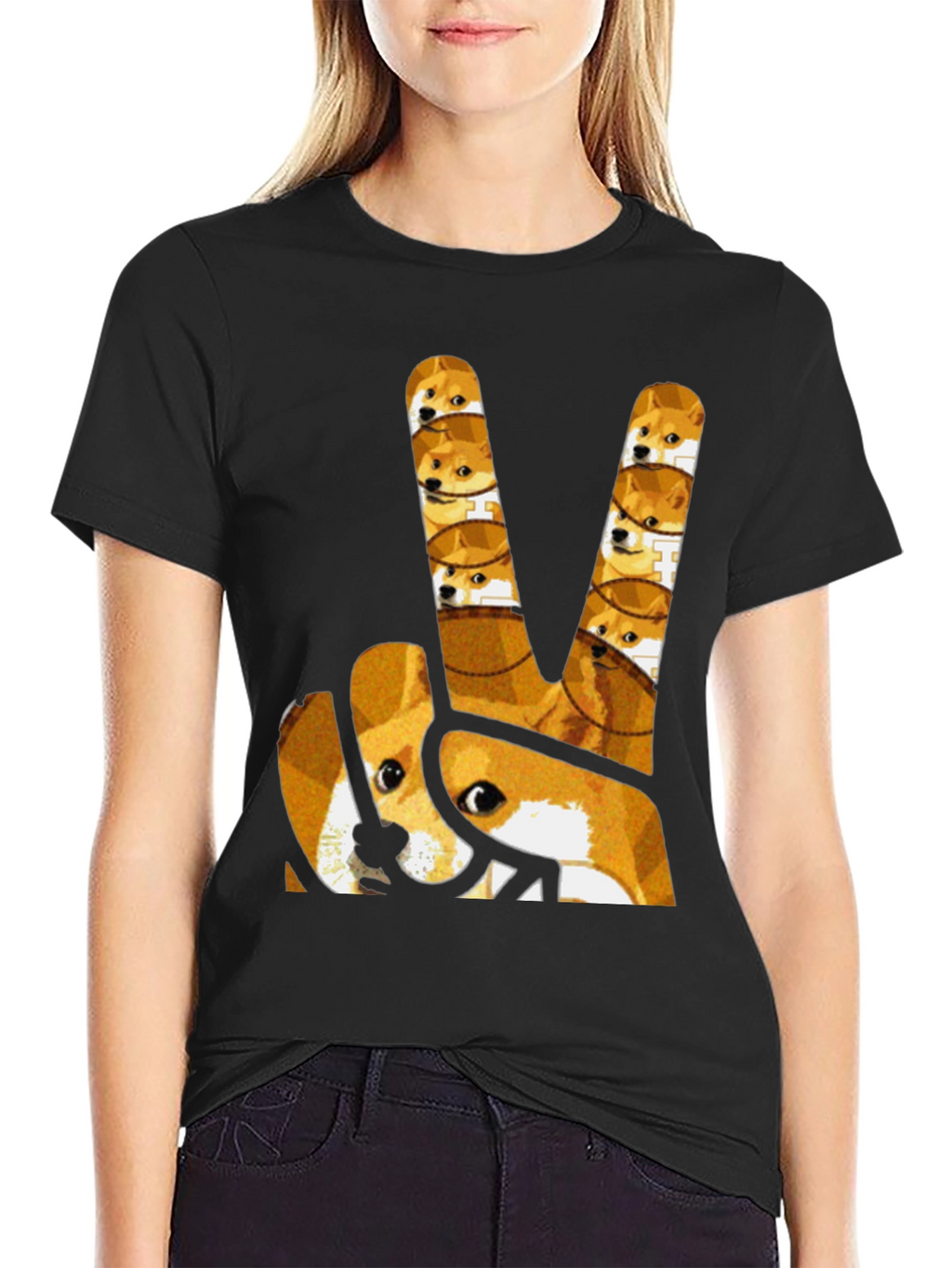 Doge Peace Sign Black T-Shirt