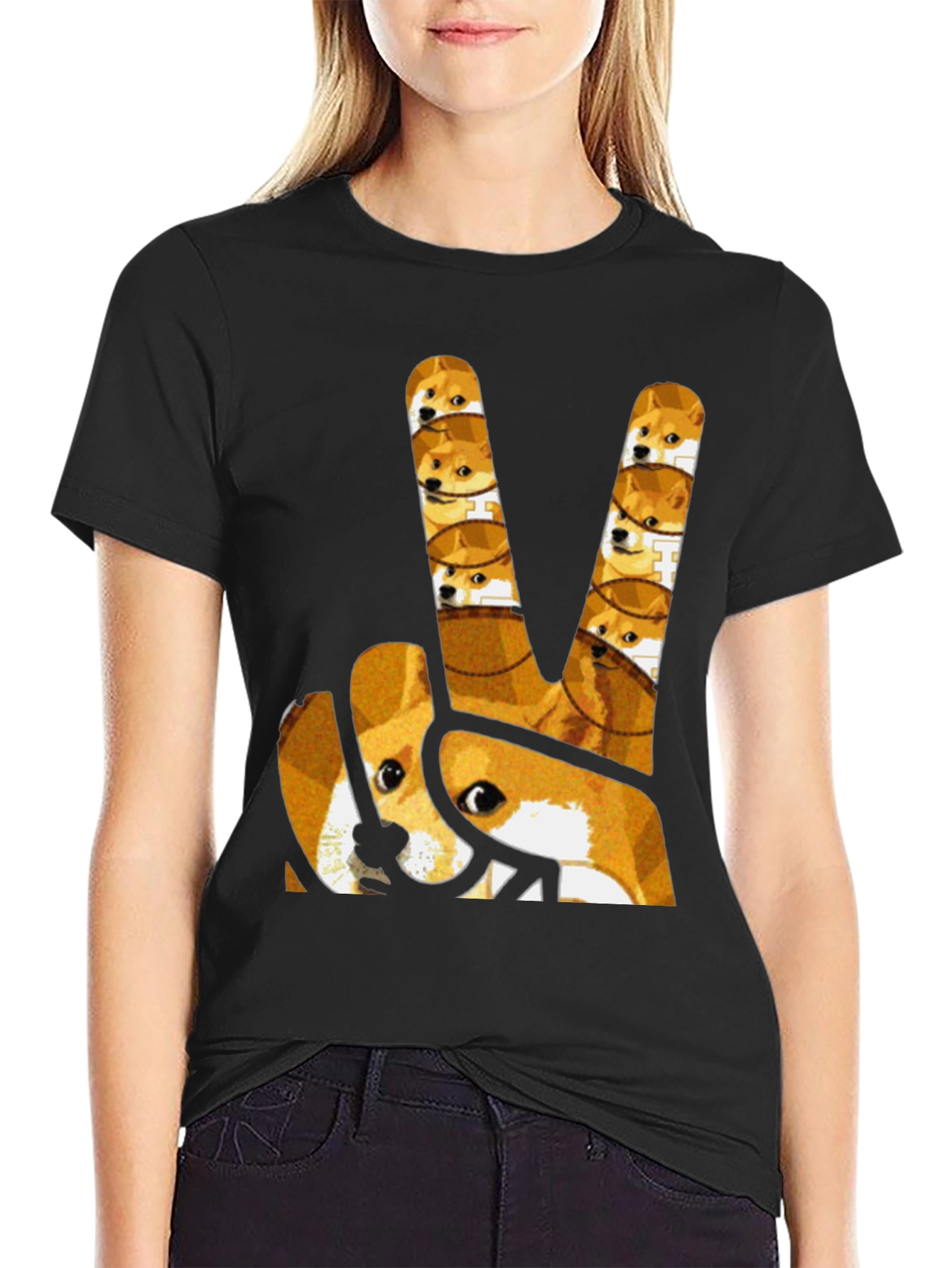 Doge Peace Sign Black T-Shirt