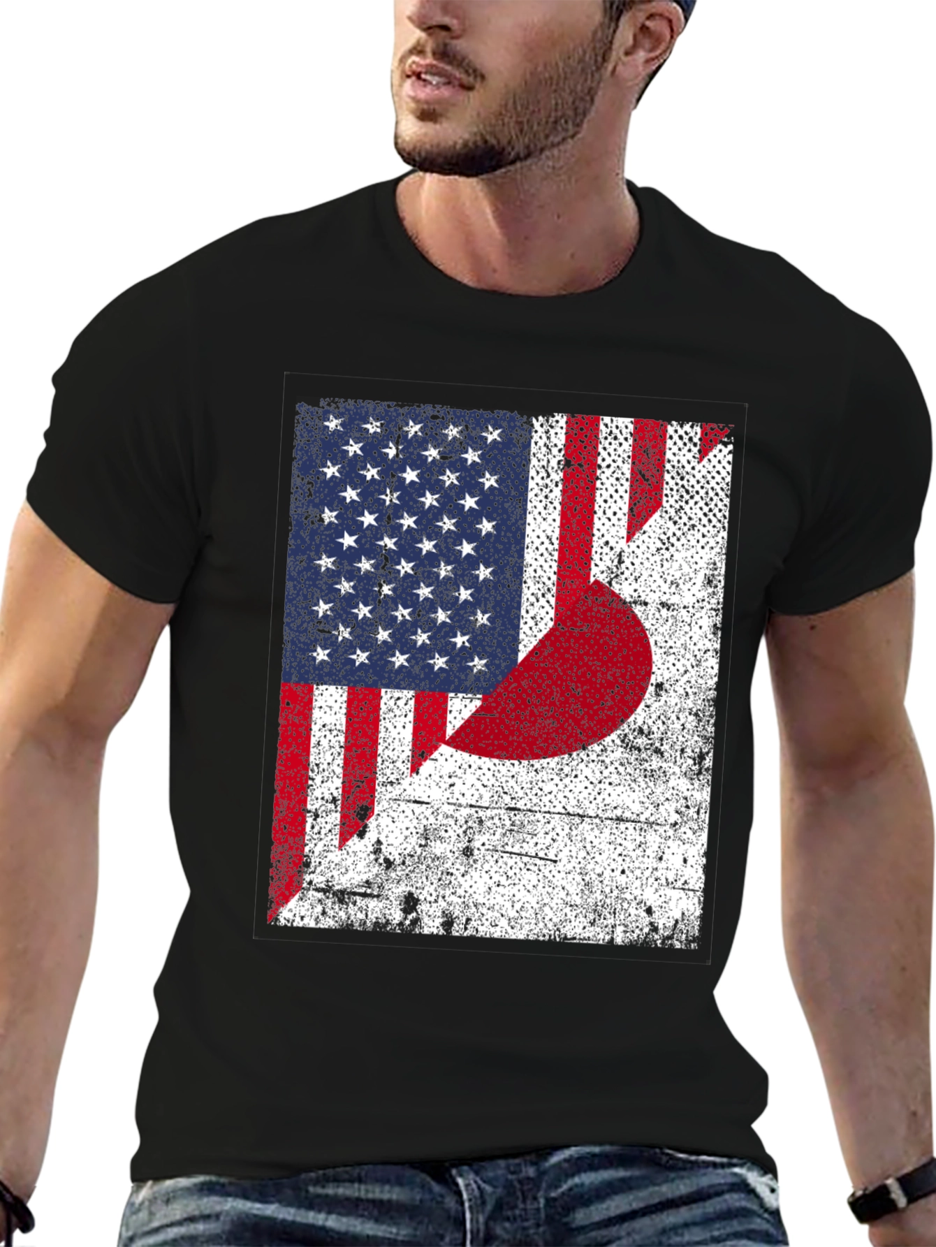 USA Japan Flag Graphic Print Black T-Shirt