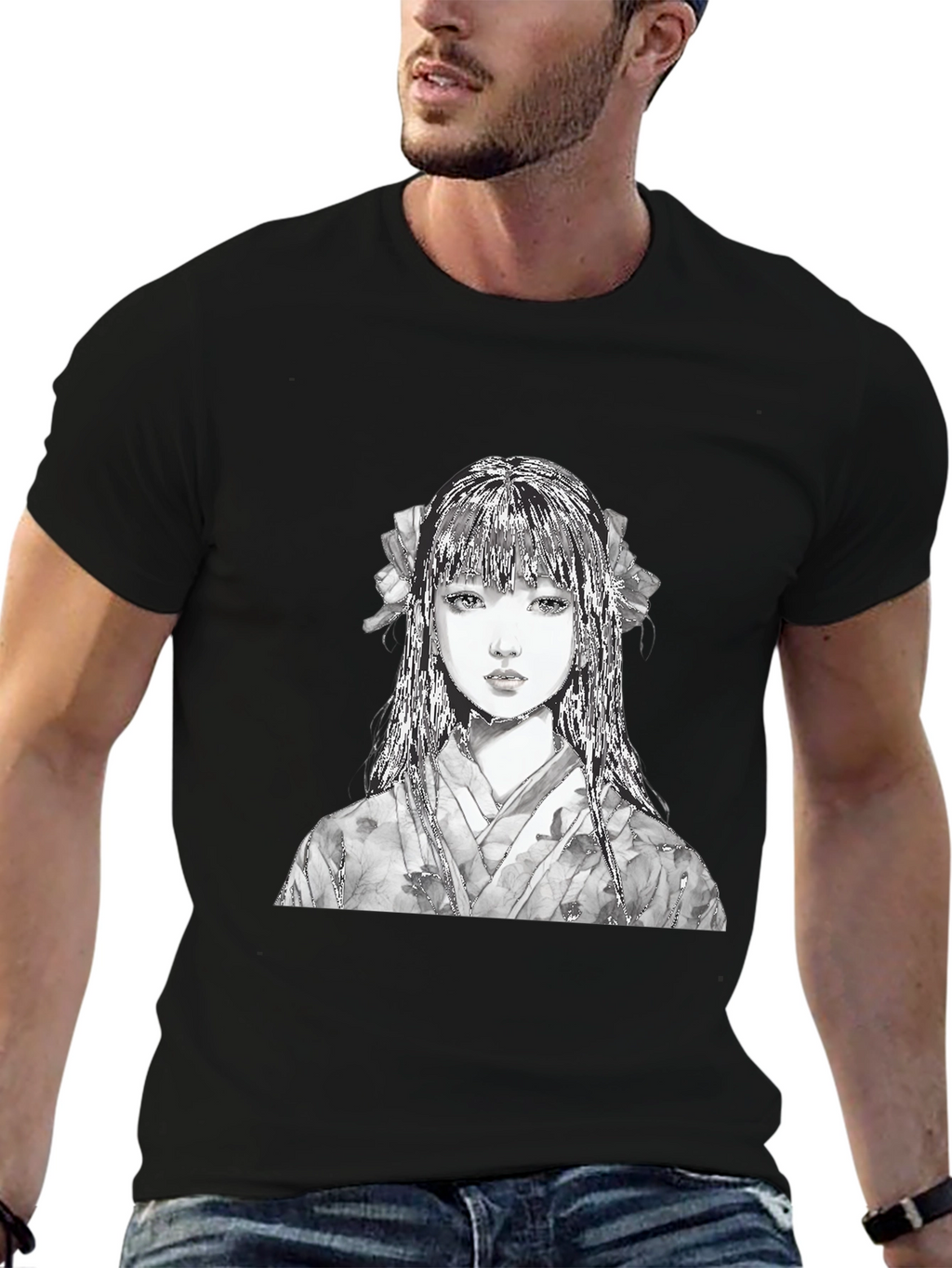 Anime Girl Portrait Black T-Shirt
