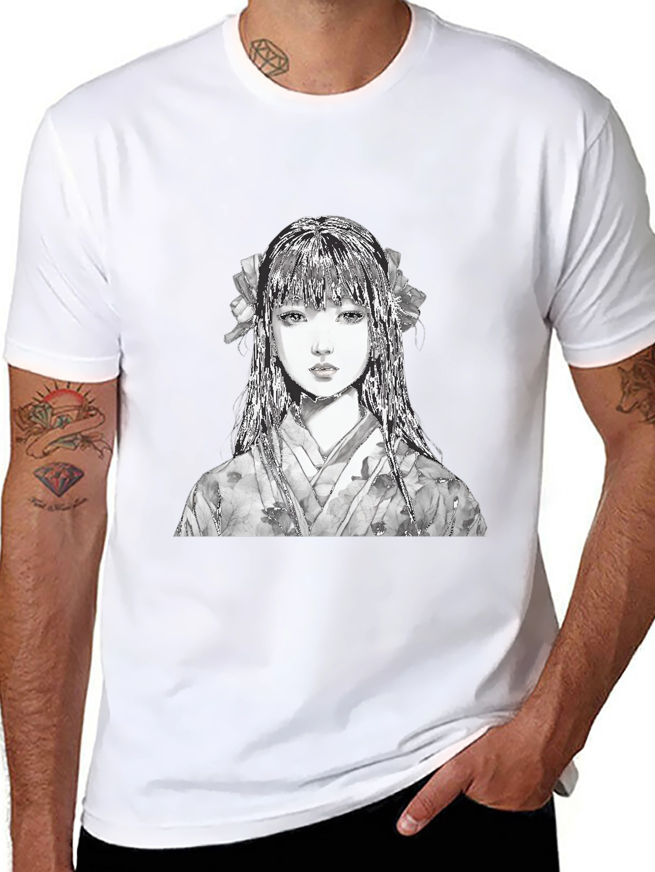 Anime Girl Portrait Black T-Shirt