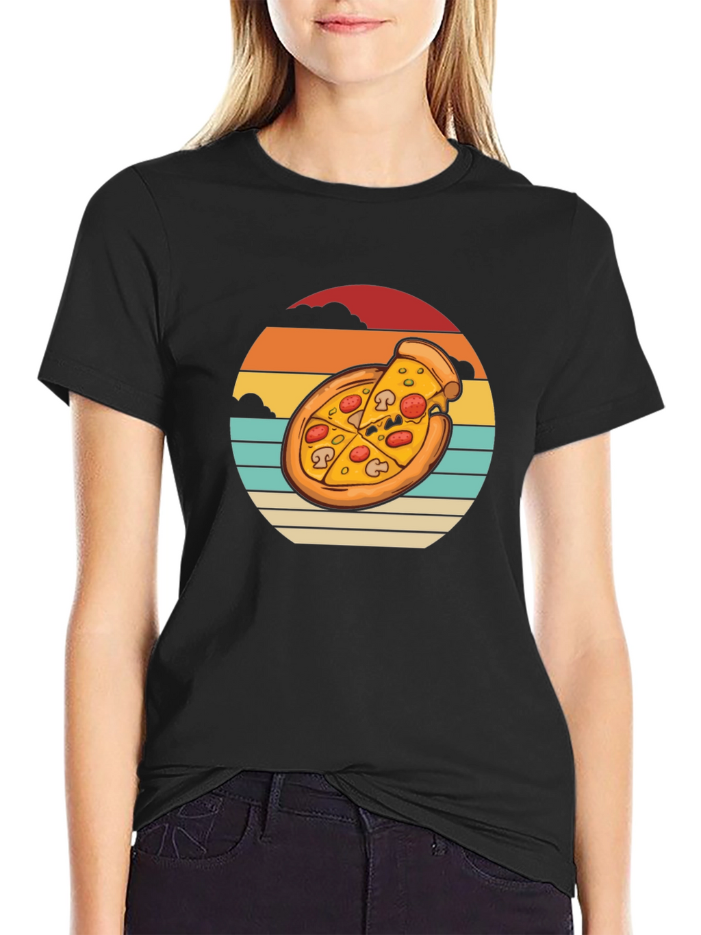 Pizza Sunset Graphic Tee - Black Cotton T-Shirt