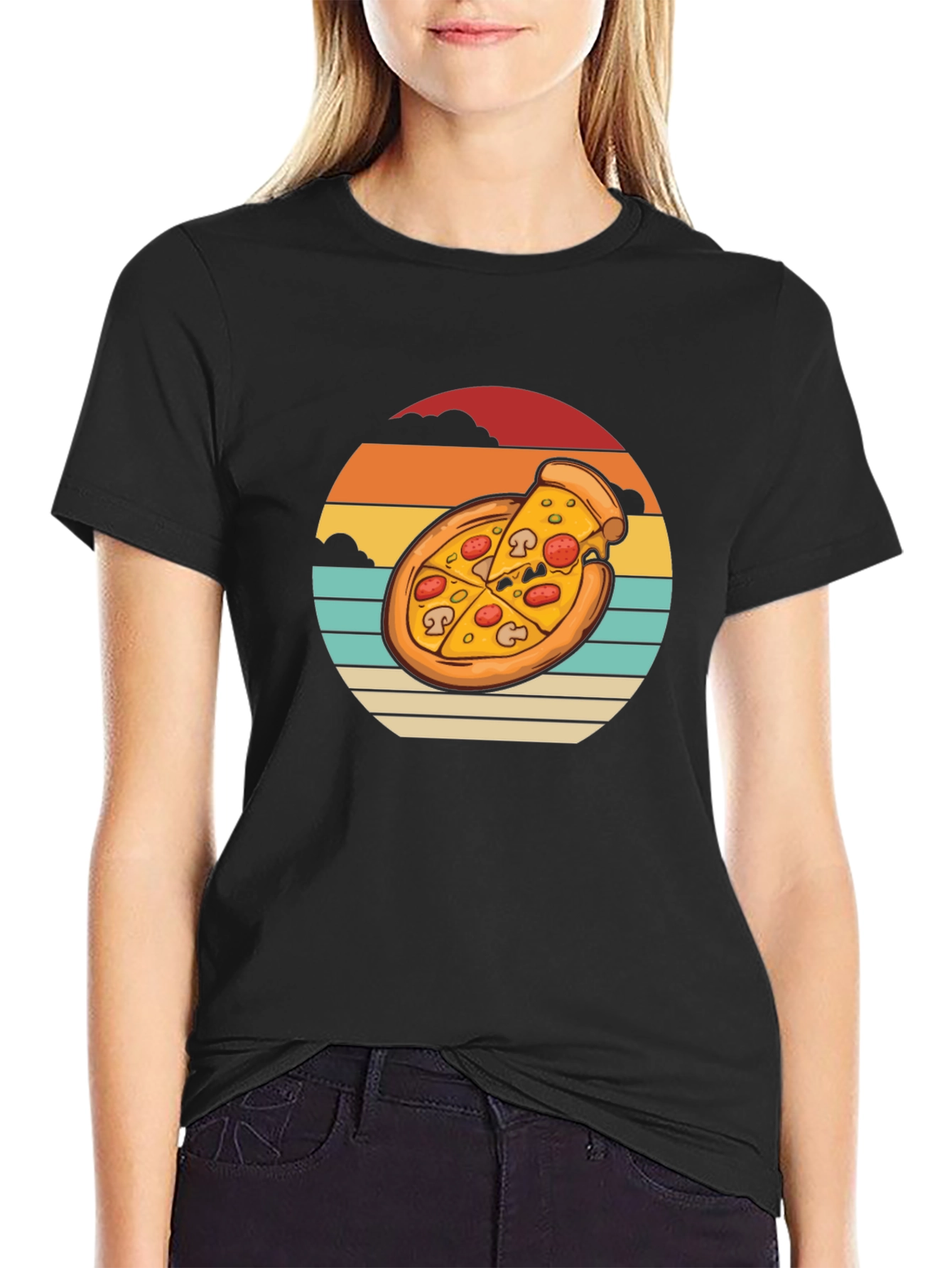 Pizza Sunset Graphic Tee - Black Cotton T-Shirt