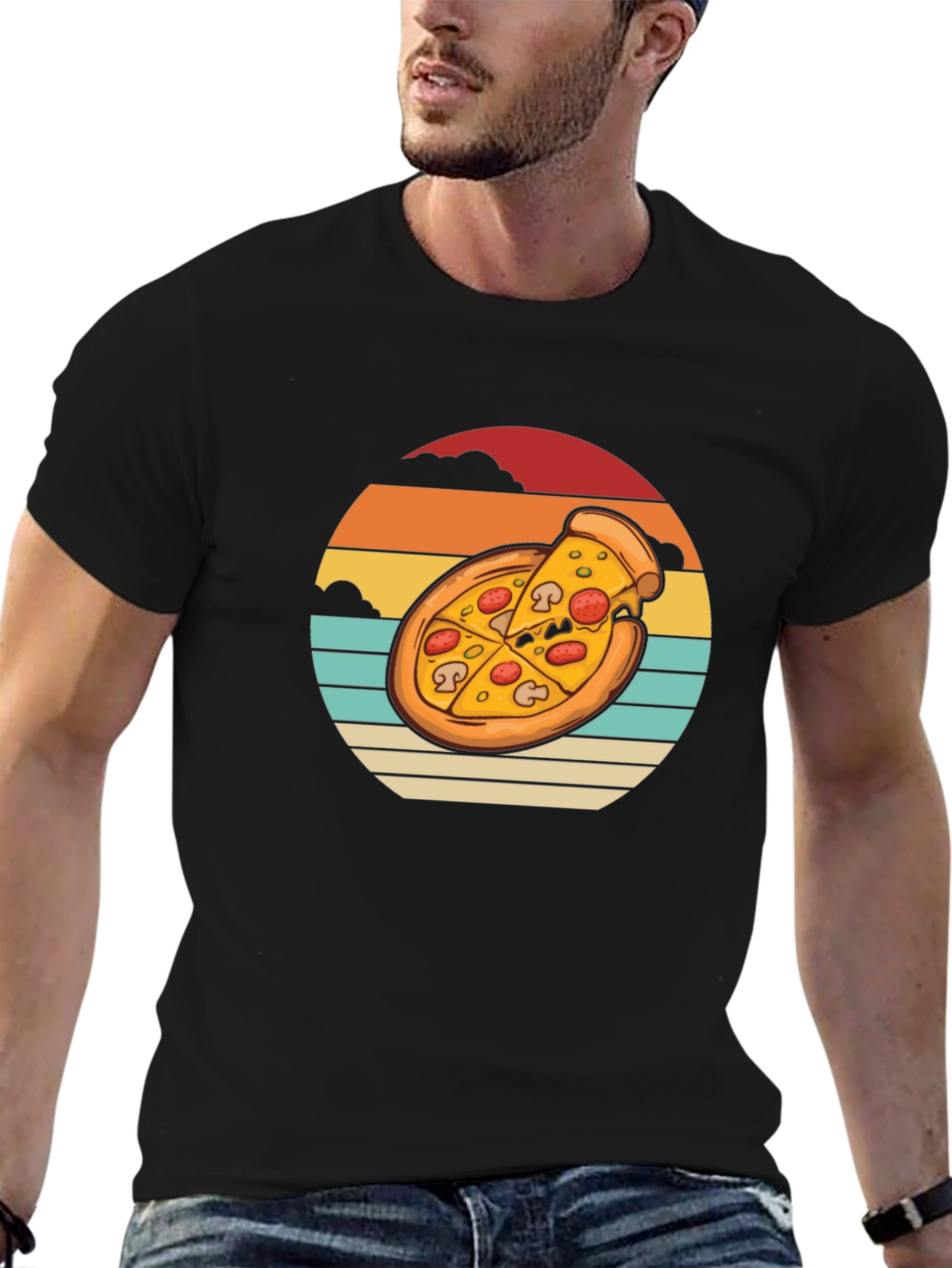 Pizza Sunset Graphic Tee - Black Cotton T-Shirt