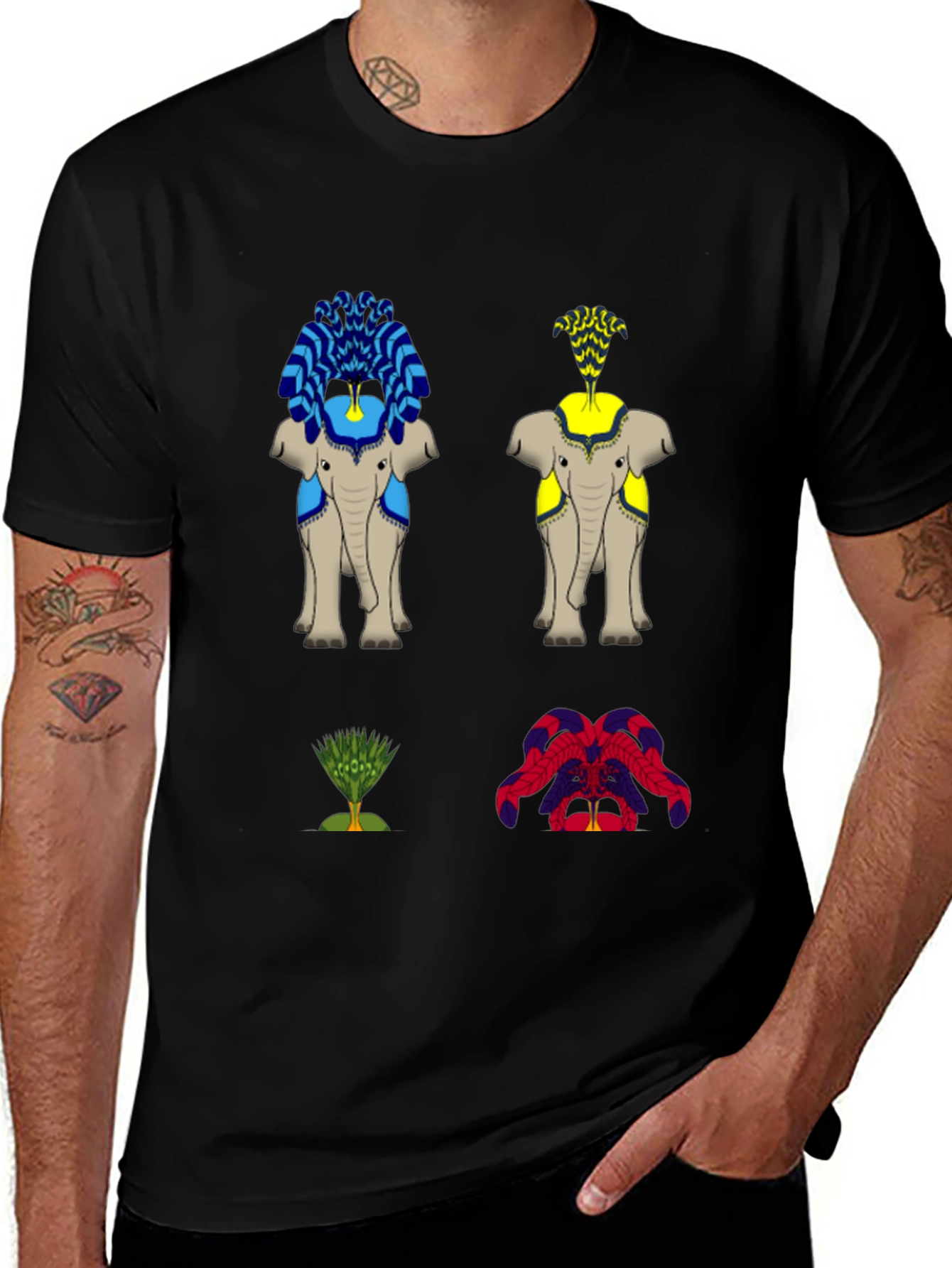 Elephant Art Print Black T-Shirt