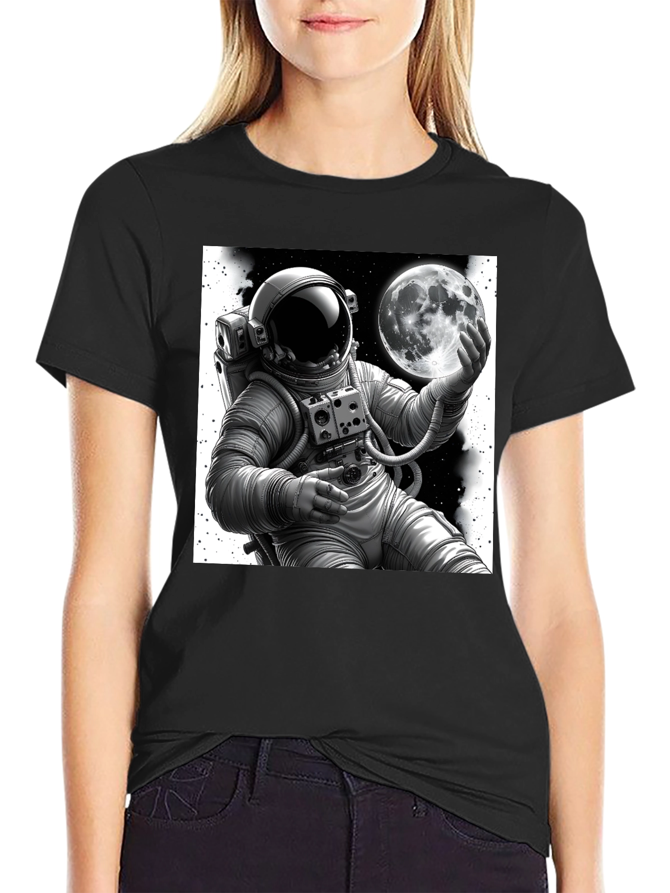Astronaut & Moon Graphic Tee - Black Cotton Blend