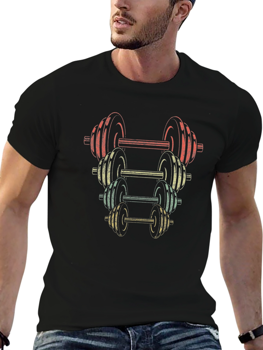 Retro Dumbbell Stack Graphic T-Shirt - Fitness Apparel