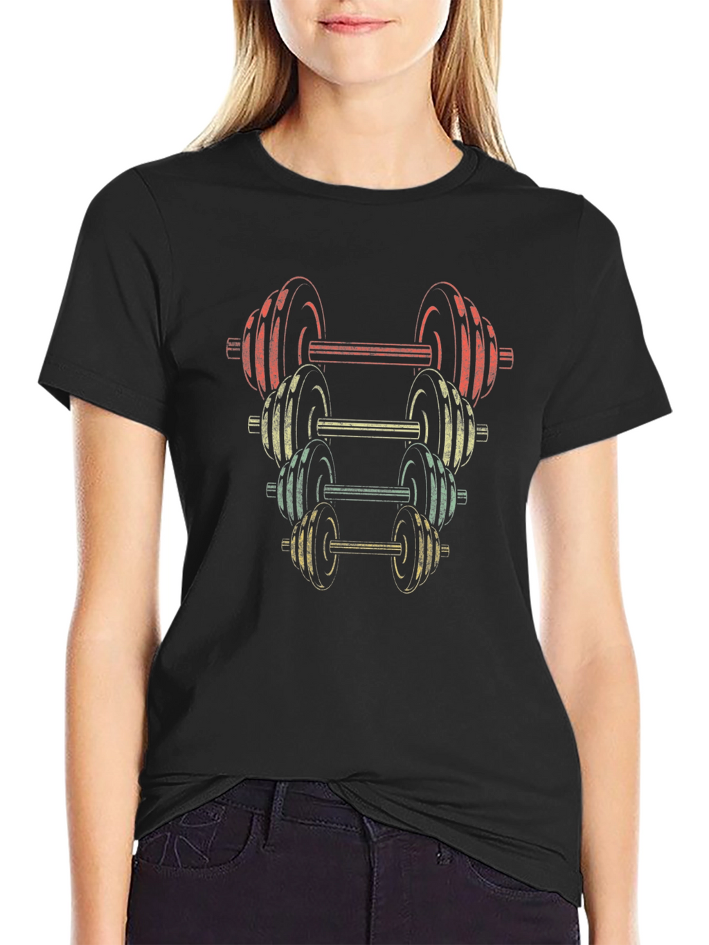 Retro Dumbbell Stack Graphic T-Shirt - Fitness Apparel