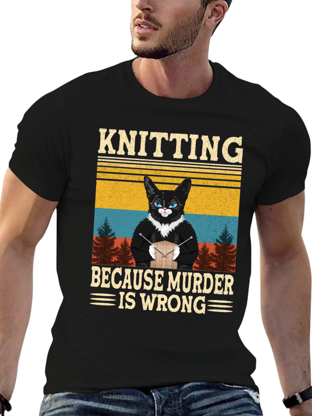 Knitting Because Murder Is Wrong Cat T-Shirt