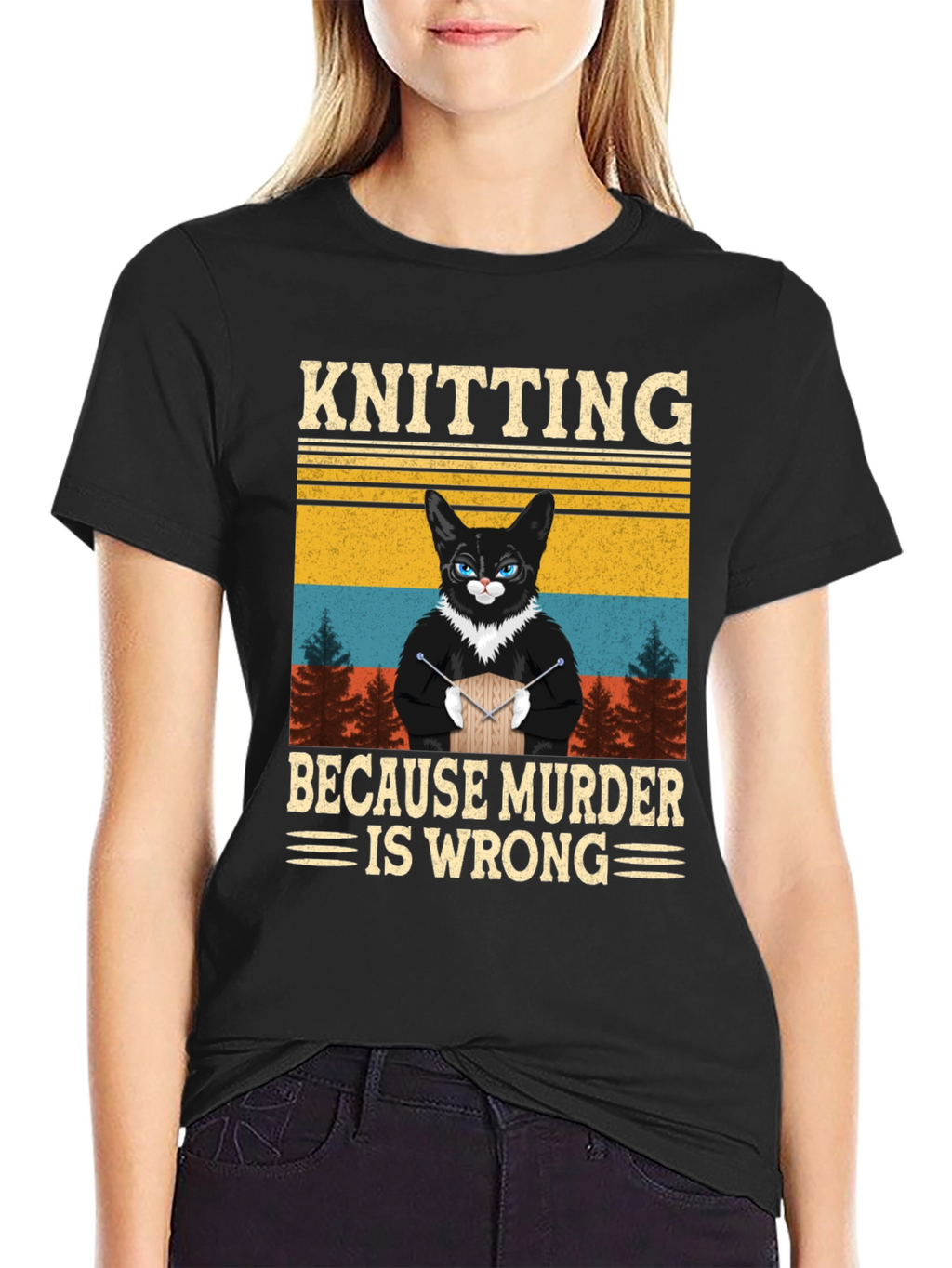 Knitting Because Murder Is Wrong Cat T-Shirt
