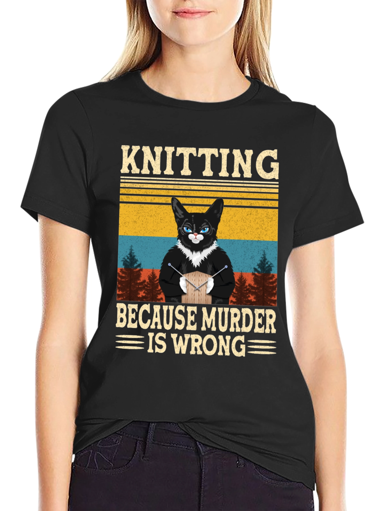 Knitting Because Murder Is Wrong Cat T-Shirt