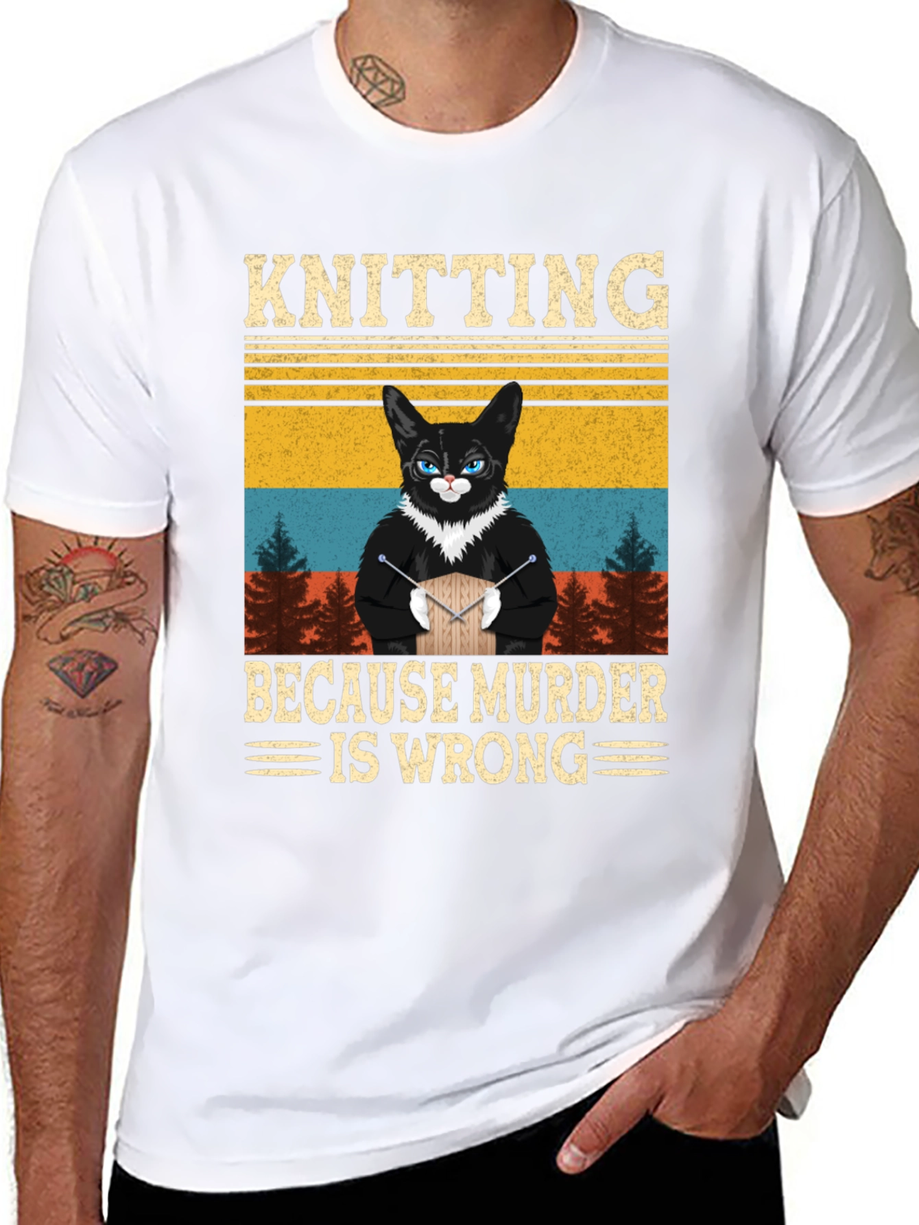 Knitting Because Murder Is Wrong Cat T-Shirt