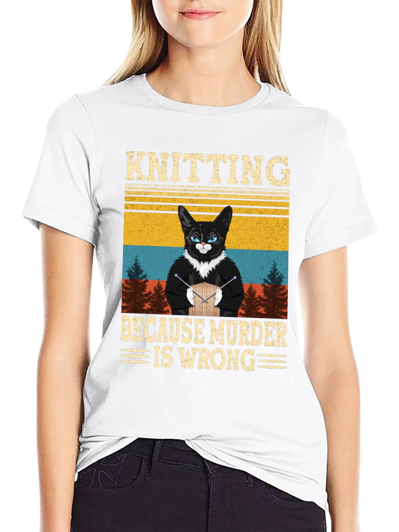 Knitting Because Murder Is Wrong Cat T-Shirt