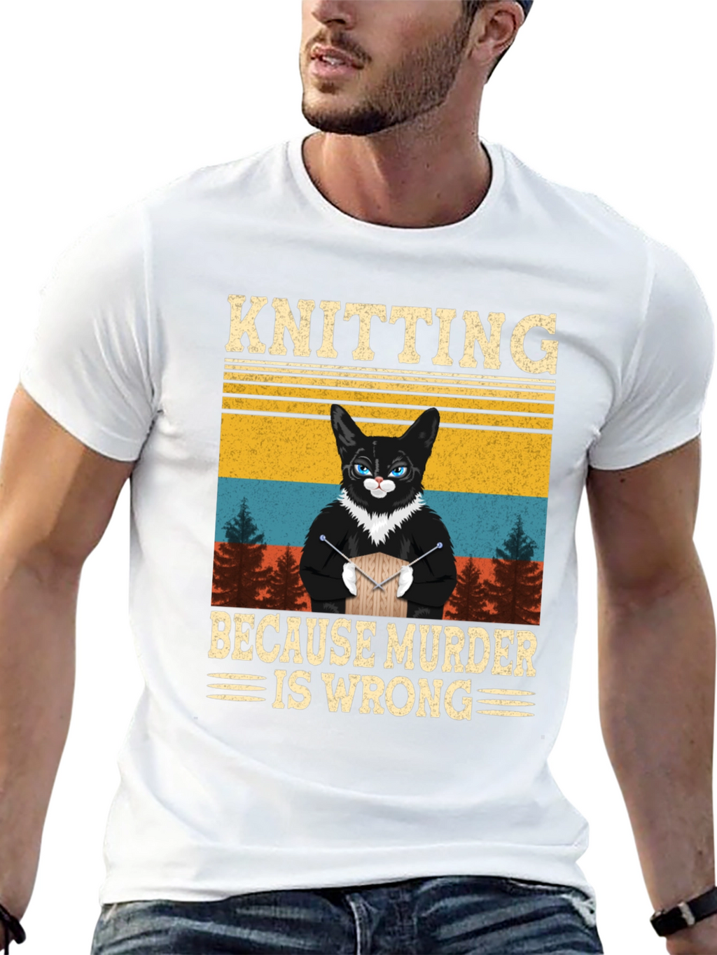 Knitting Because Murder Is Wrong Cat T-Shirt