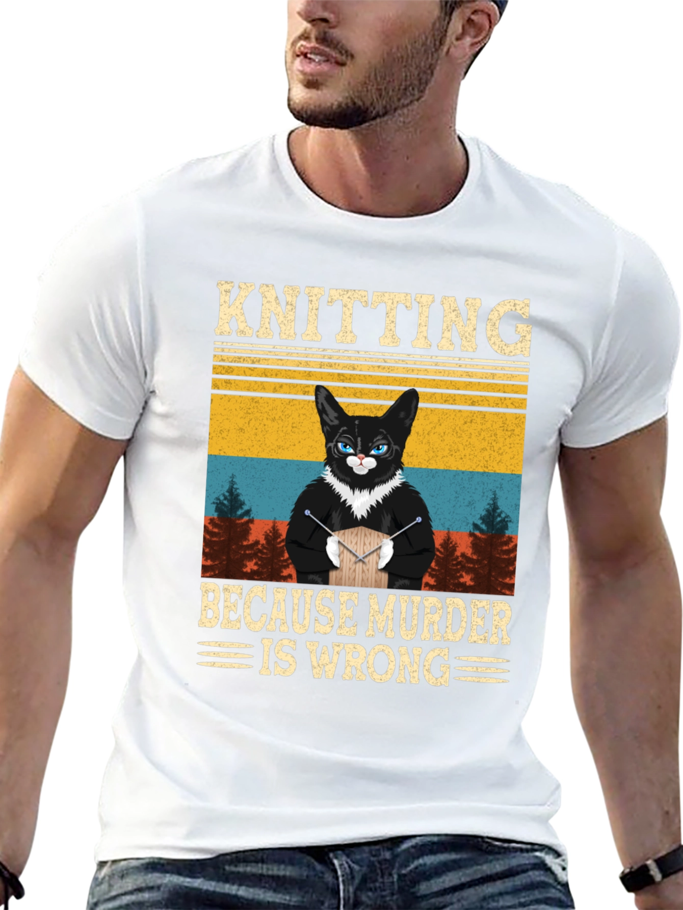 Knitting Because Murder Is Wrong Cat T-Shirt
