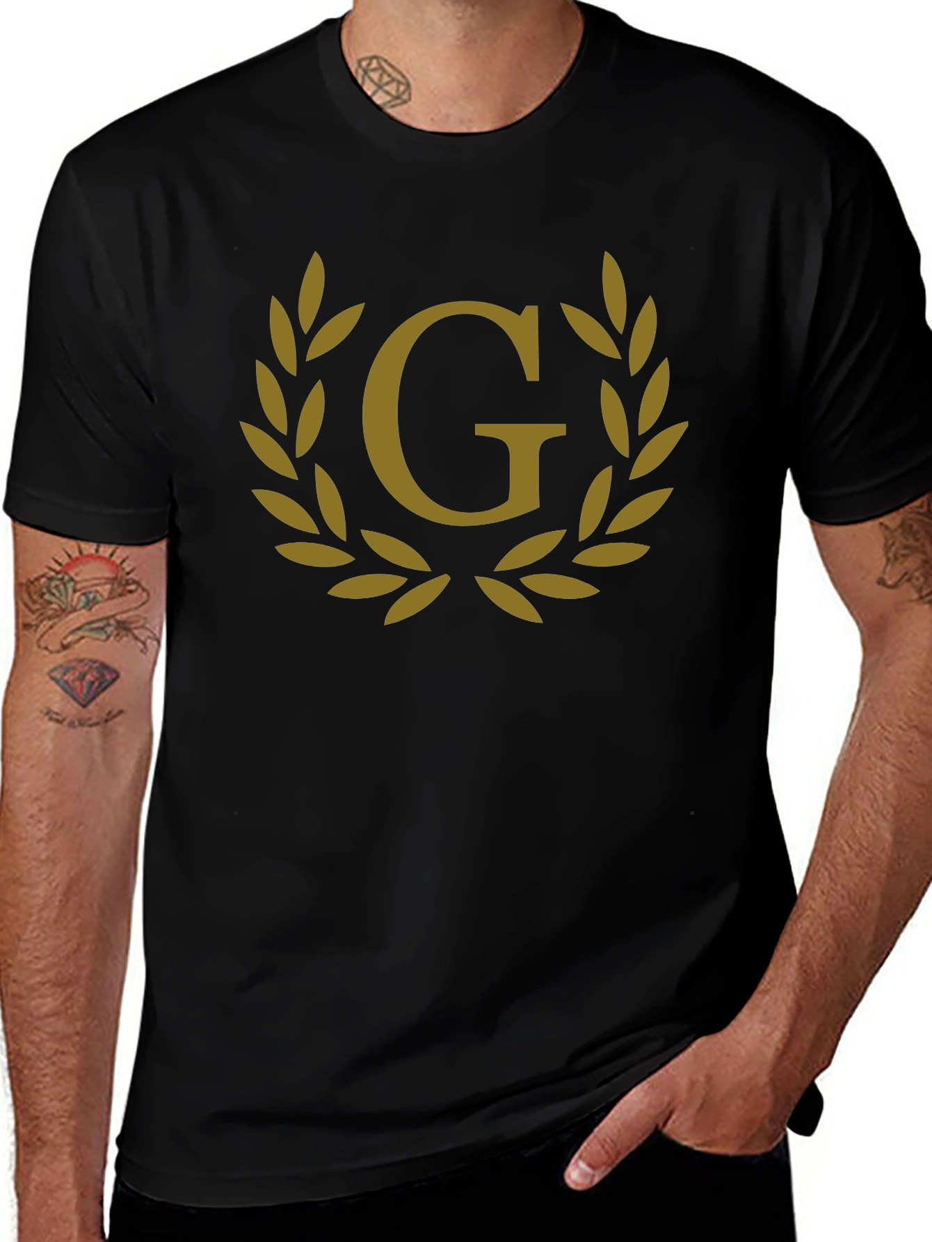 Mens Black T-Shirt with Gold Letter G Laurel Wreath Graphic