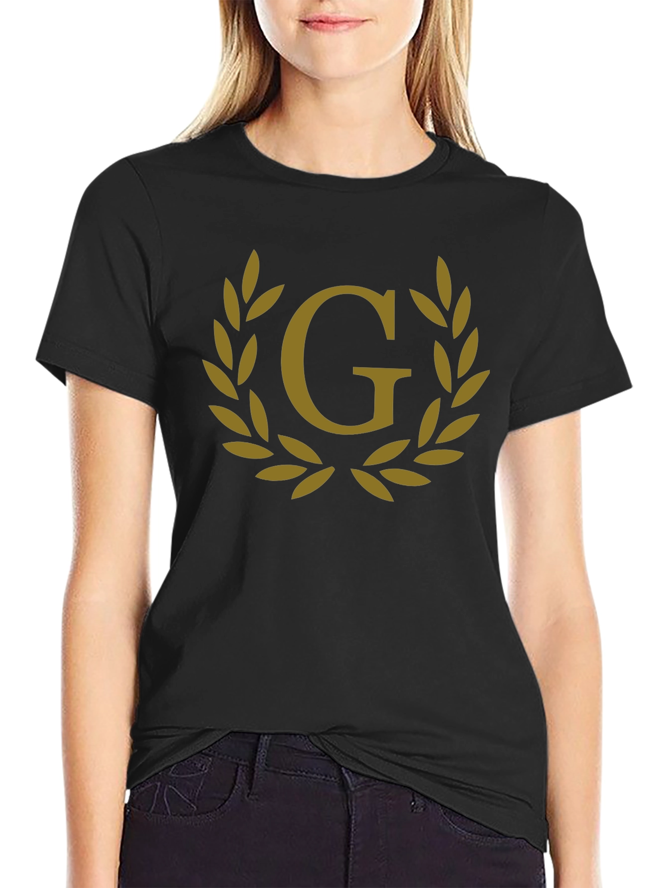 Mens Black T-Shirt with Gold Letter G Laurel Wreath Graphic