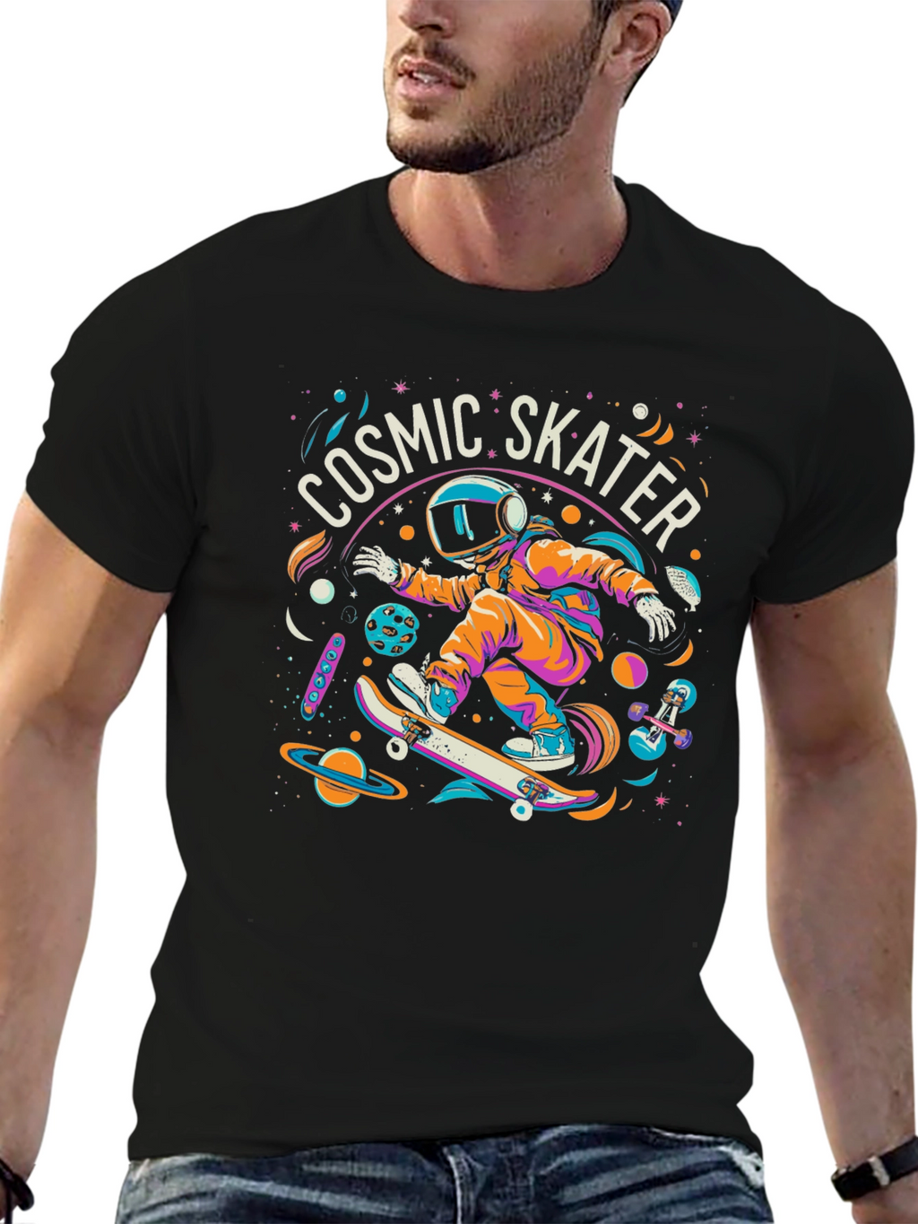 Cosmic Skater Graphic Tee - Space Skateboard Design