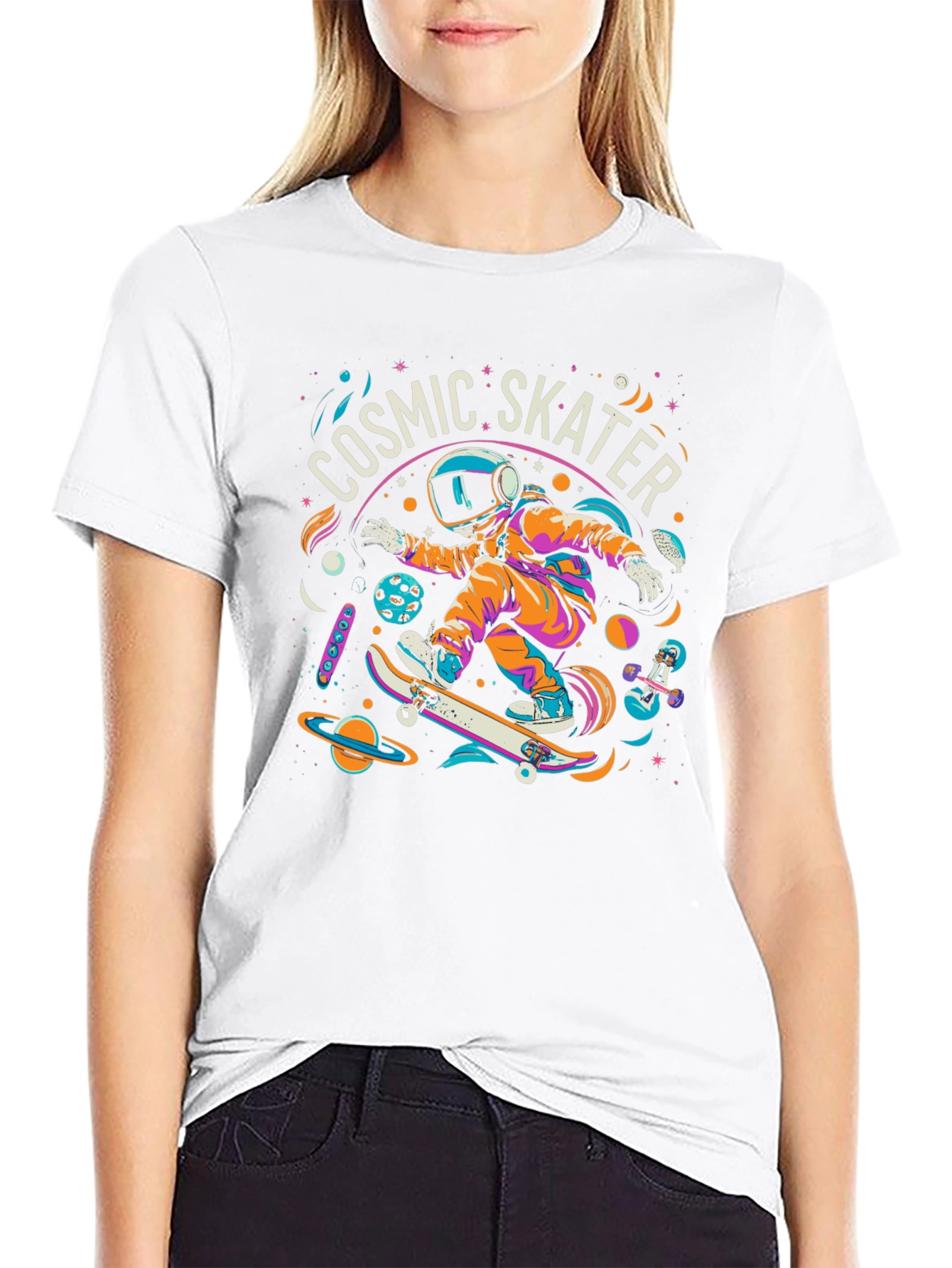 Cosmic Skater Graphic Tee - Space Skateboard Design