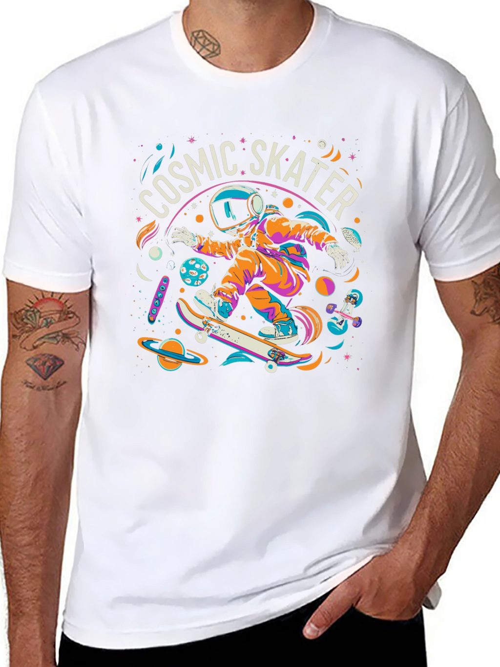 Cosmic Skater Graphic Tee - Space Skateboard Design