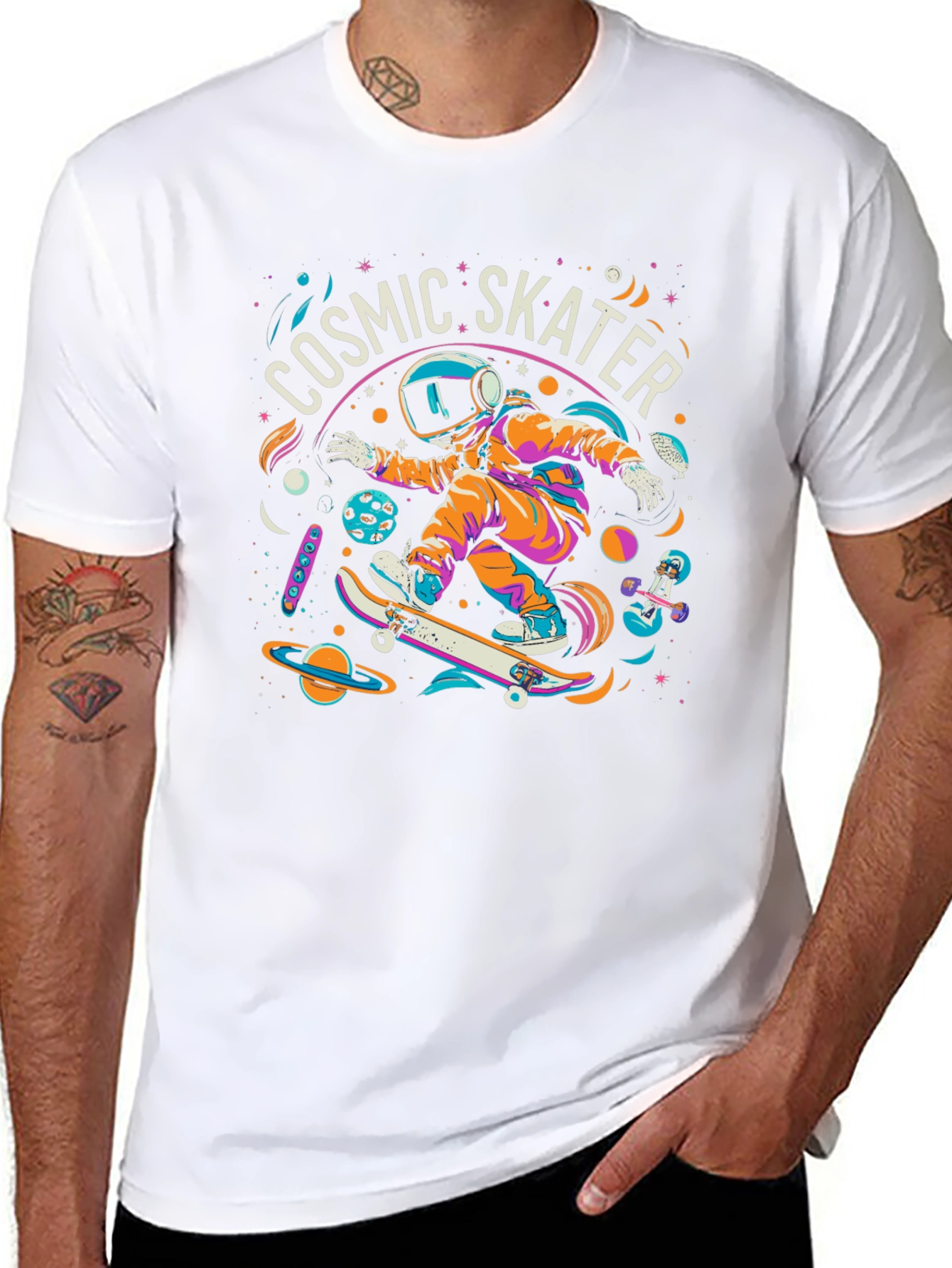 Cosmic Skater Graphic Tee - Space Skateboard Design