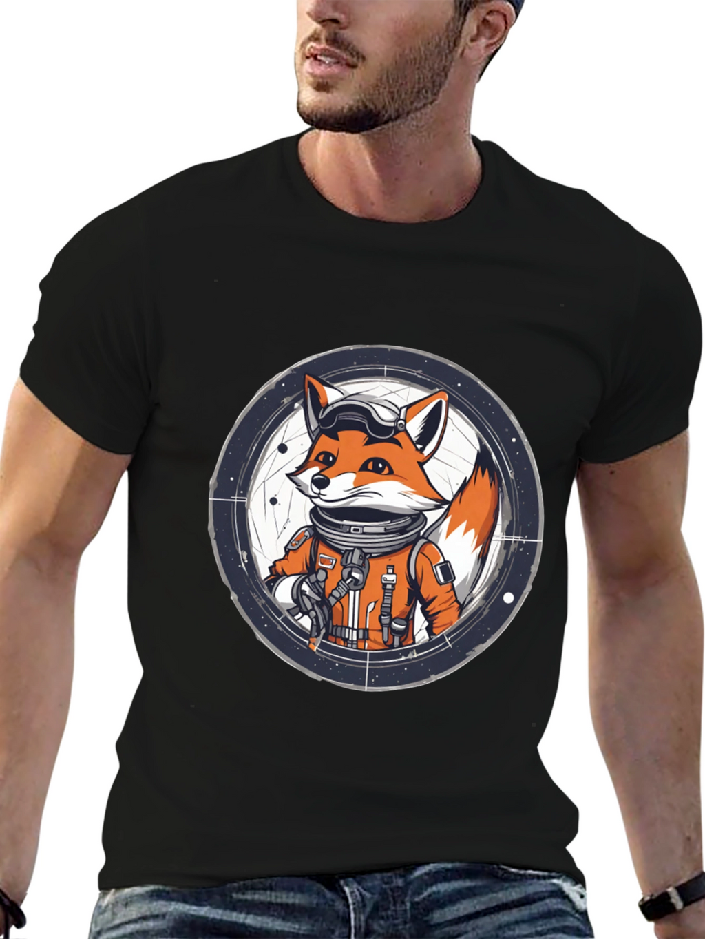 Astronaut Fox Graphic Tee - Black Cotton T-Shirt
